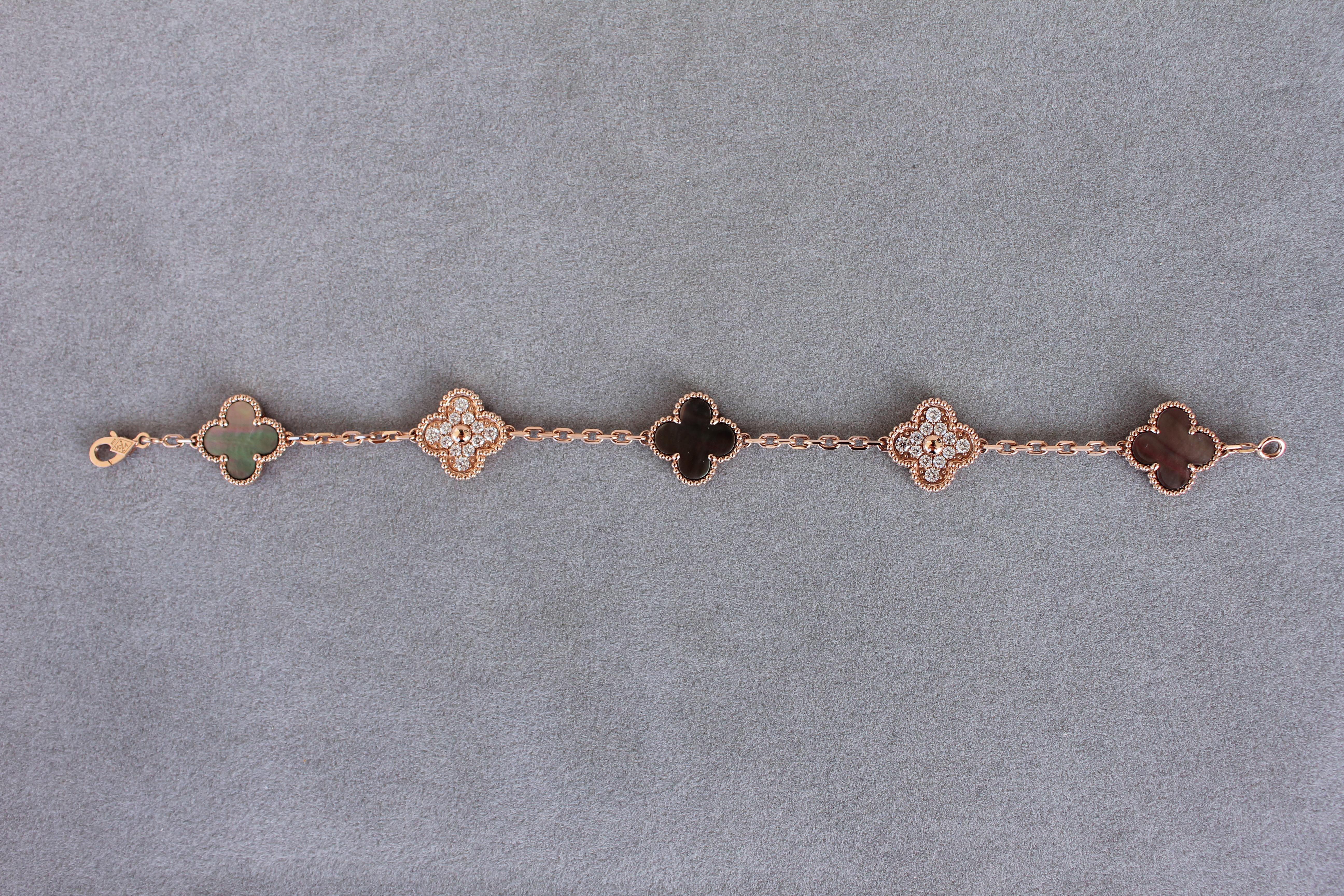 Cabochon Van Cleef & Arpels Vintage Alhambra Mother of Pearl Diamonds Rose Gold Bracelet