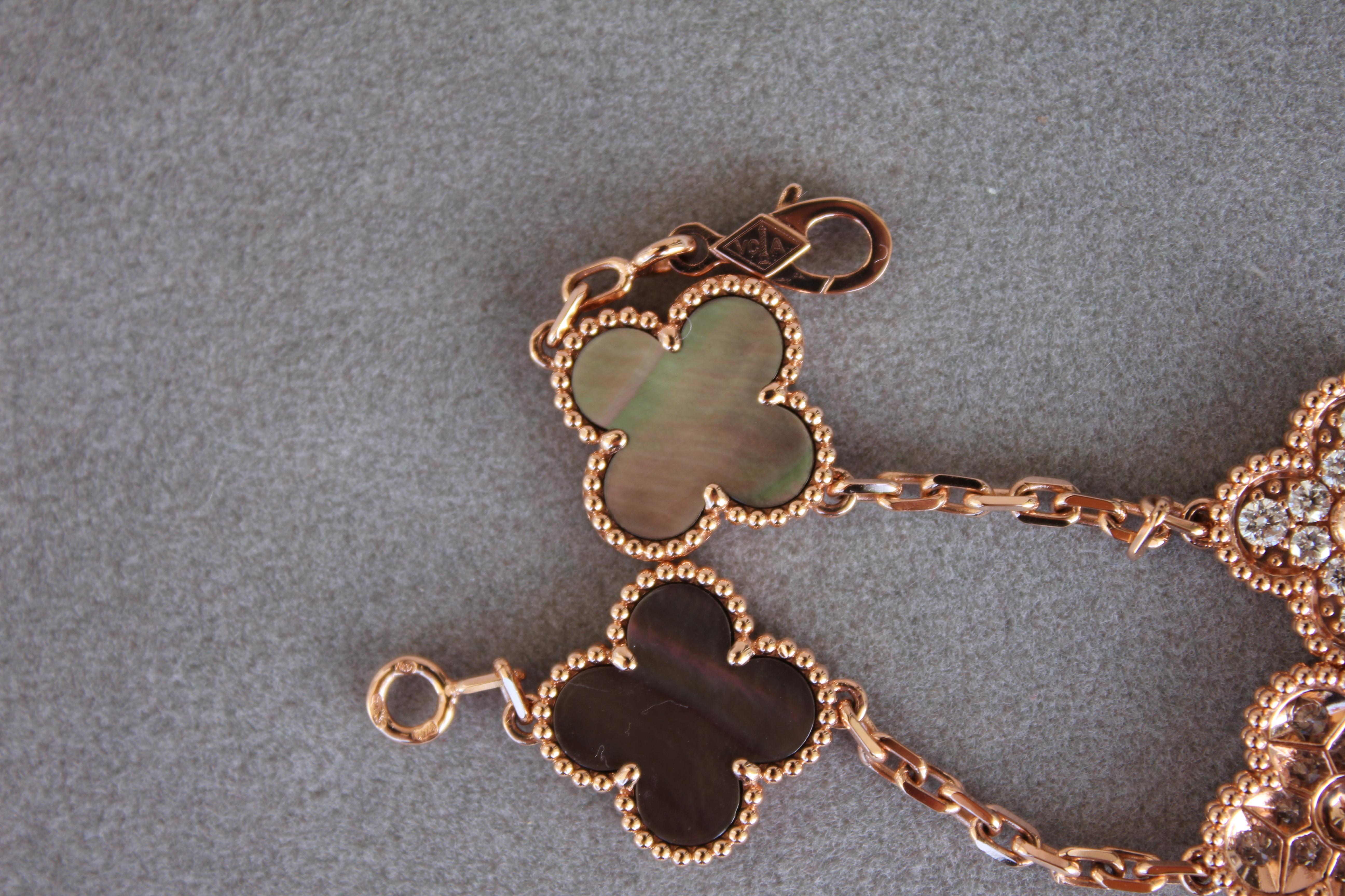 Van Cleef & Arpels Vintage Alhambra Mother of Pearl Diamonds Rose Gold Bracelet 2