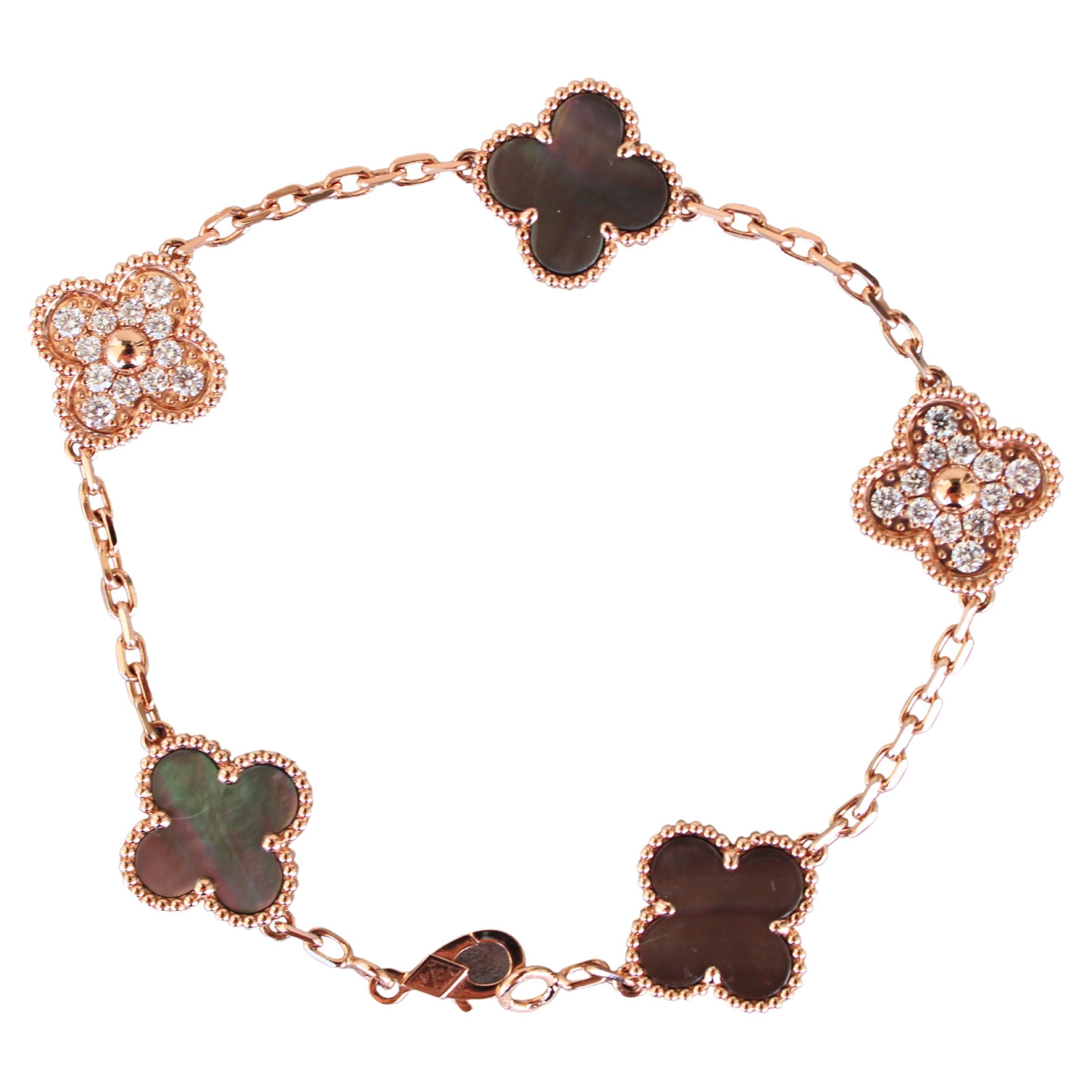Van Cleef & Arpels Vintage Alhambra Mother of Pearl Diamonds Rose Gold Bracelet