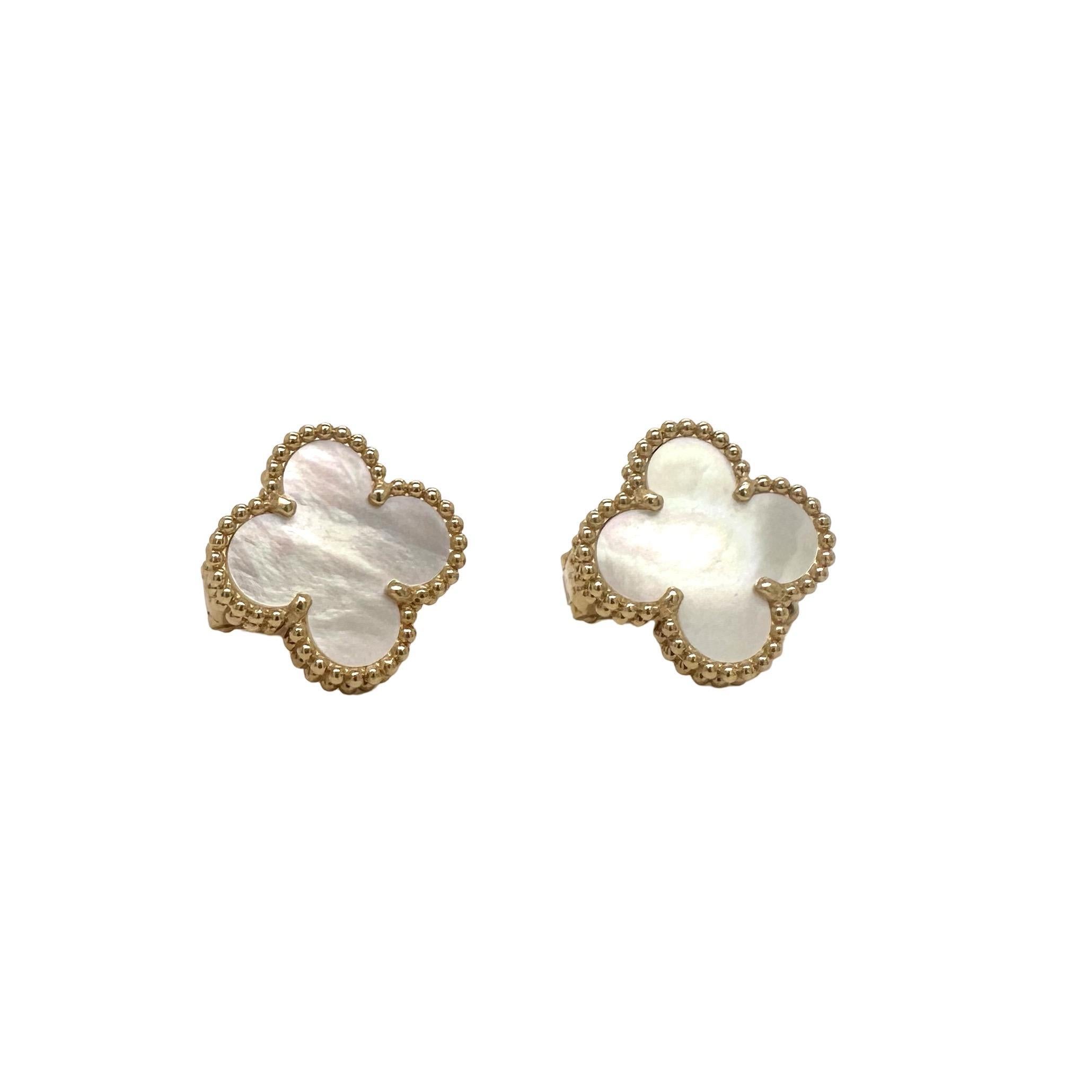 Round Cut Van Cleef & Arpels Vintage Alhambra Mother of Pearl Earrings in 18k Yellow Gold For Sale