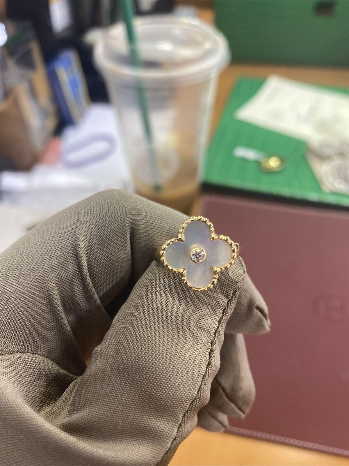 Van Cleef & Arpels Vintage Alhambra Mother of Pearl Gold Diamond Ring Size 4.