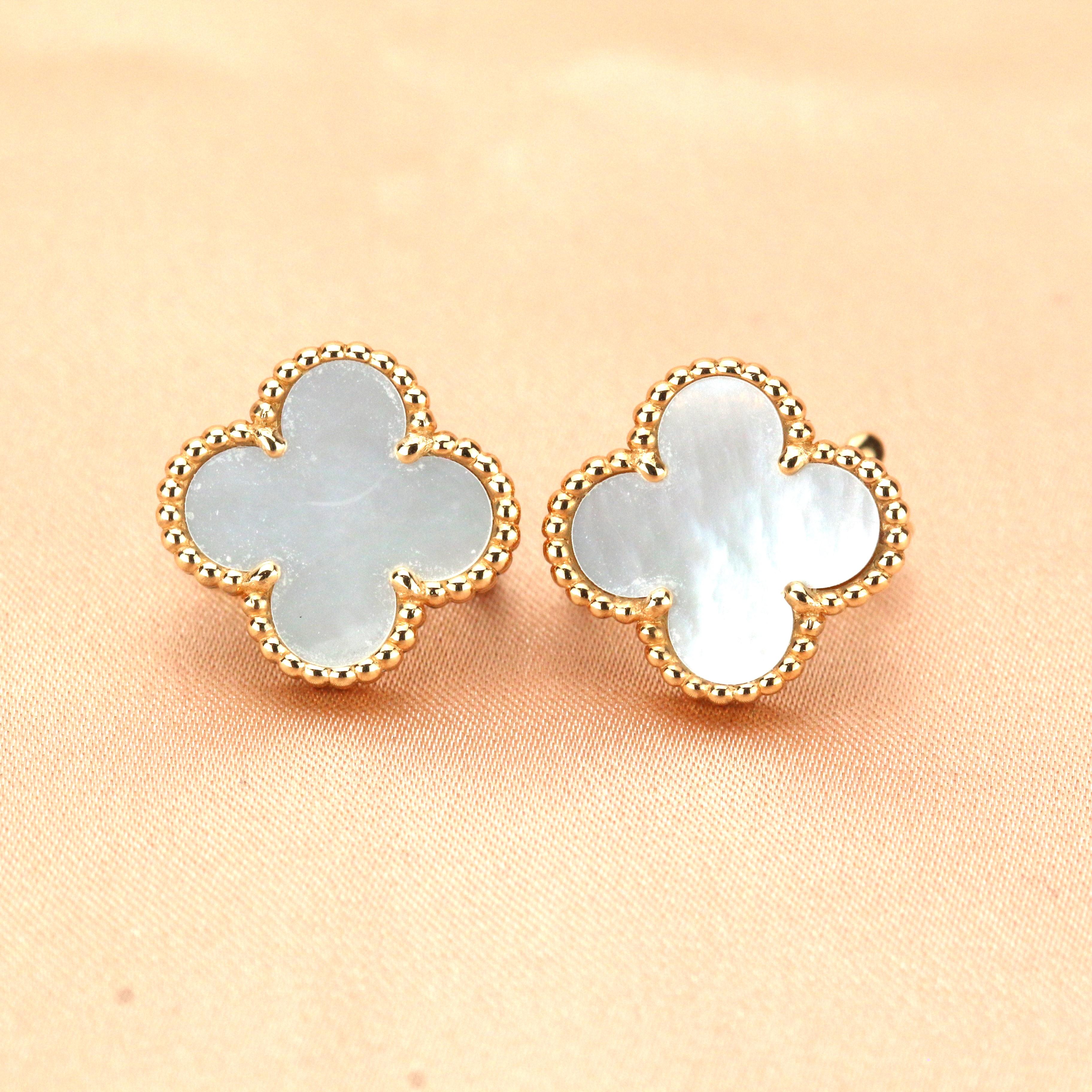Van Cleef & Arpels Vintage Alhambra Mother of Pearl Gold Earrings In Excellent Condition In Banbury, GB