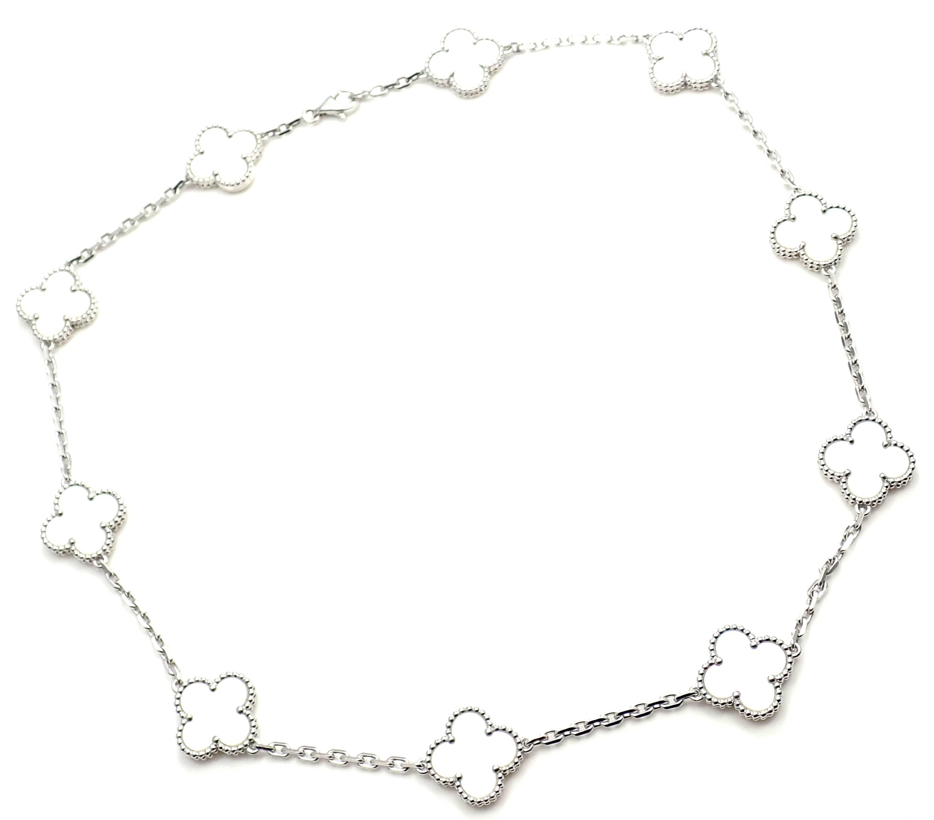 18k White Gold Alhambra 10 Motifs Mother Of Pearl Necklace by Van Cleef & Arpels. 
With 10 motifs of mother of pearl Alhambra stones 15mm each.  
**** This necklace comes with Van Cleef & Arpels service paper from Japanese store.
Details: 
Length: