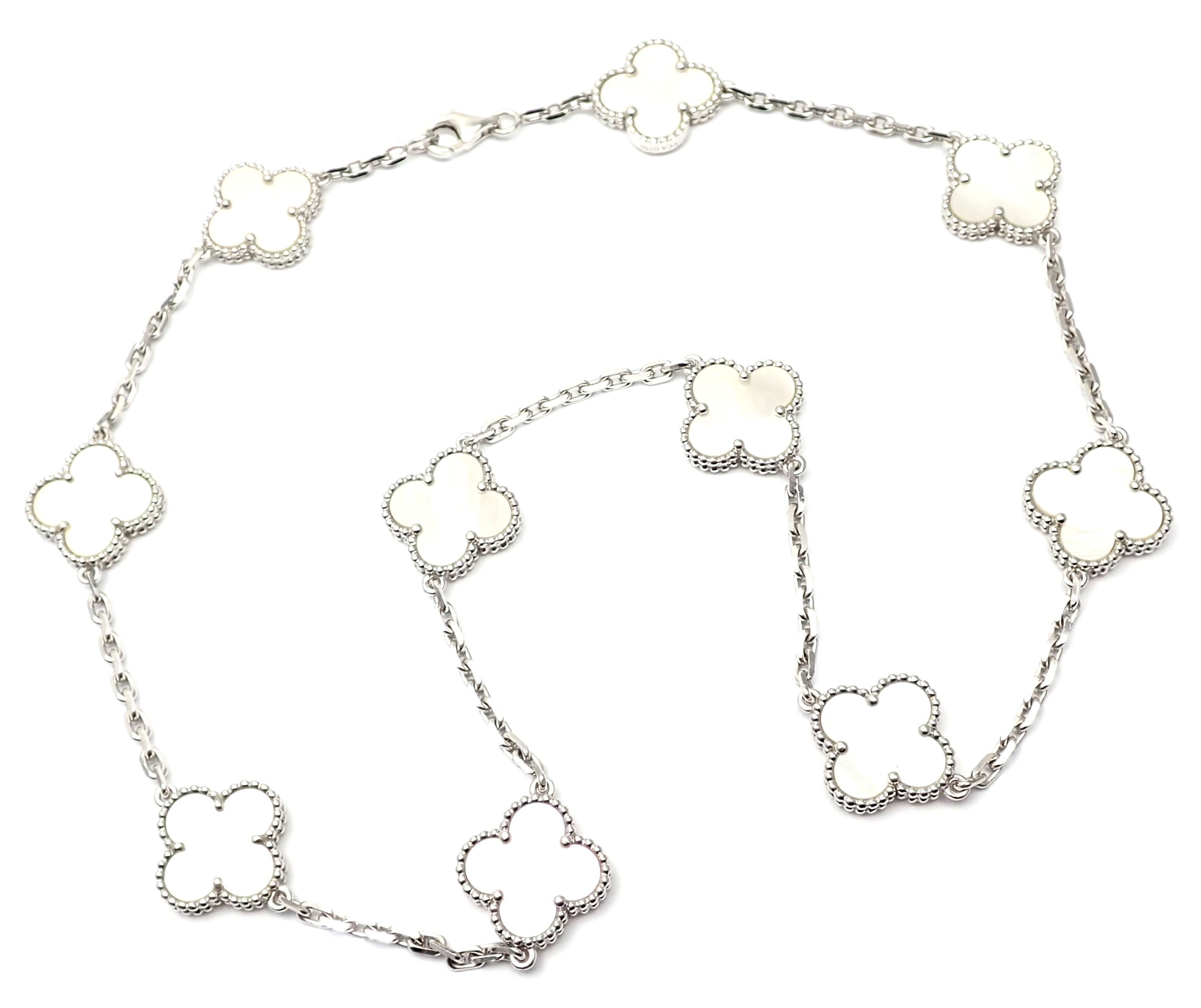 18k White Gold Alhambra 10 Motifs Mother Of Pearl Necklace by Van Cleef & Arpels. 
With 10 motifs of mother of pearl Alhambra stones 15mm each.  
**** This necklace comes with Van Cleef & Arpels certificate of authenticity.
Details: 
Length: 16.8