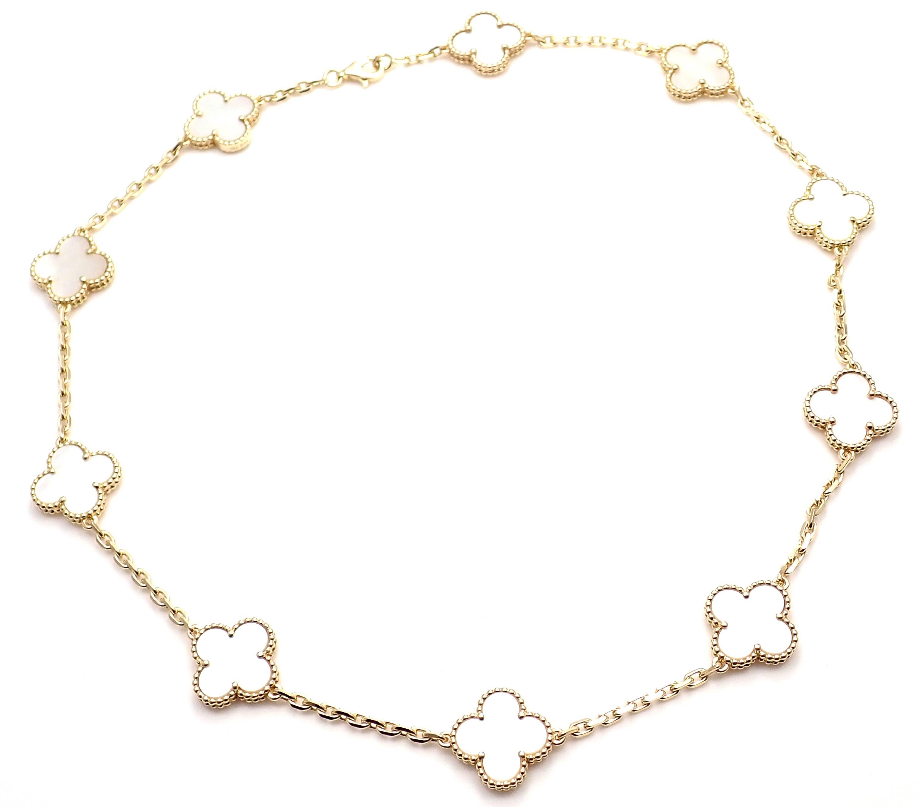 18k Yellow Gold Alhambra 10 Motifs Mother Of Pearl Necklace by Van Cleef & Arpels. 
With 10 motifs of mother of pearl Alhambra stones 15mm each 
Details: 
Length: 16.8
Width: 15mm 
Weight: 22.4 grams
Stamped Hallmarks:  VCA 750 CL98828
*Free