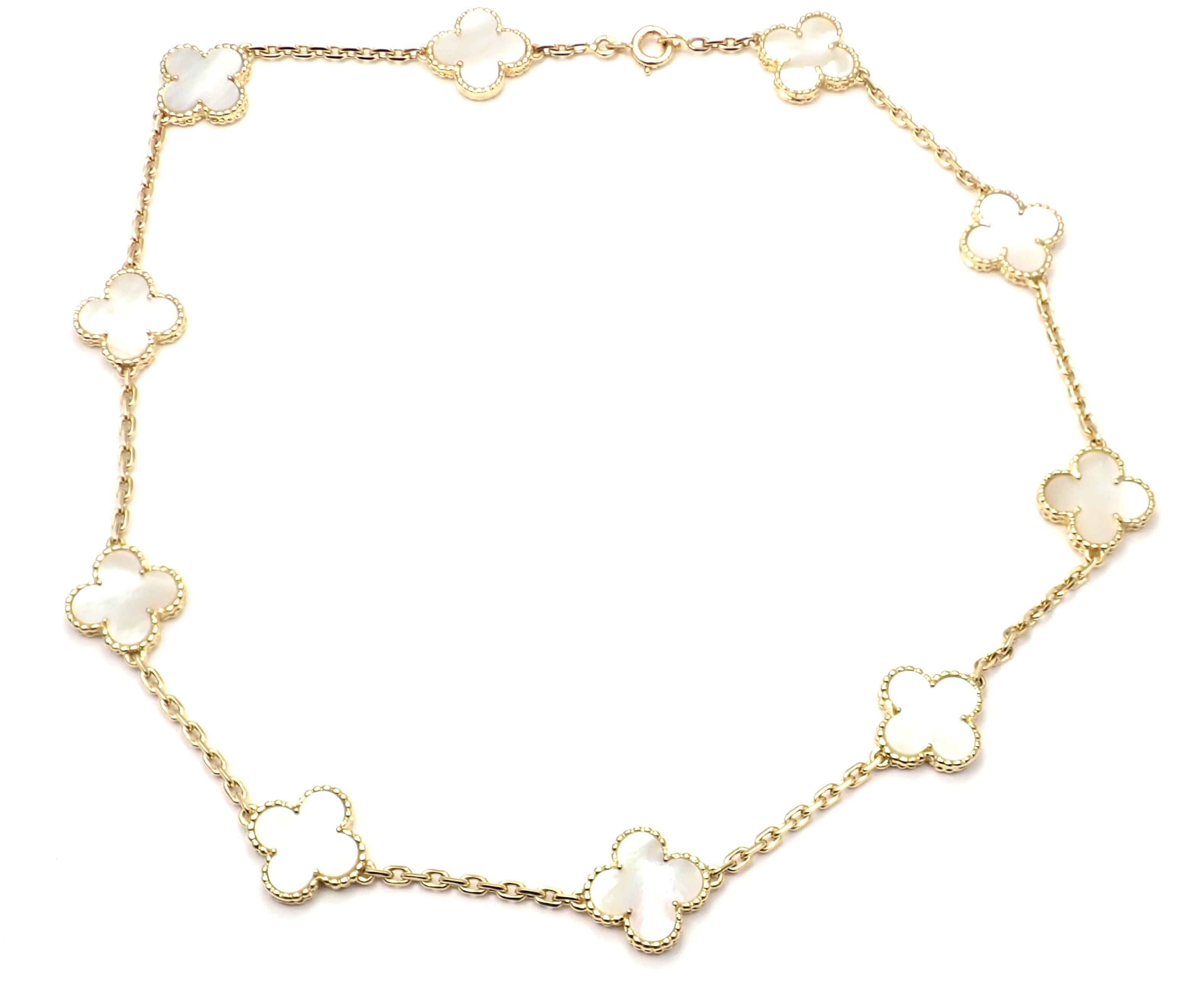 18k Yellow Gold Alhambra 10 Motifs Mother Of Pearl Necklace by Van Cleef & Arpels. 
With 10 motifs of mother of pearl Alhambra stones 15mm each 
This necklace comes with service paper from Van Cleef & Arpels store.
Details: 
Length: 16''
Width: 15mm