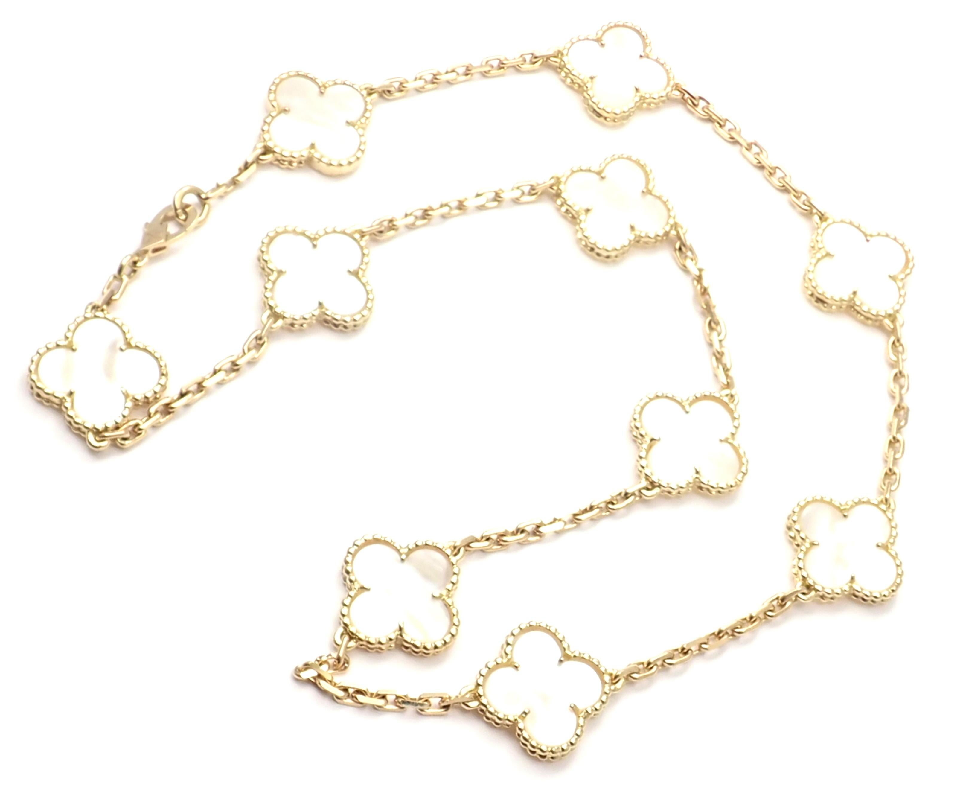 18k Yellow Gold Alhambra 10 Motifs Mother Of Pearl Necklace by Van Cleef & Arpels. 
With 10 motifs of mother of pearl Alhambra stones 15mm each 
This necklace comes with service paper from Van Cleef & Arpels store.
Details: 
Length: 16.5''
Width: