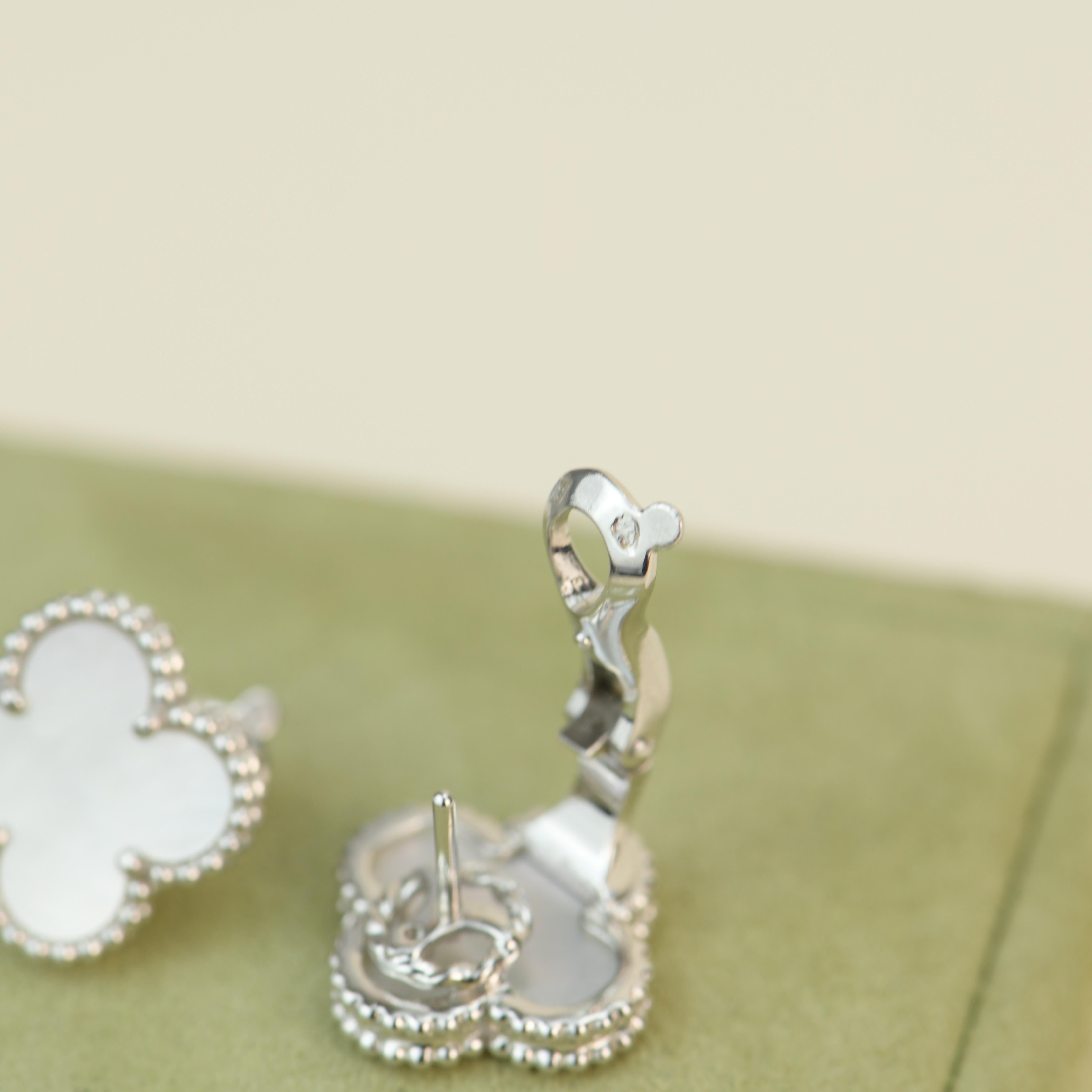 Van Cleef & Arpels Vintage Alhambra Mother of Pearl White Gold Earrings In Excellent Condition In Banbury, GB
