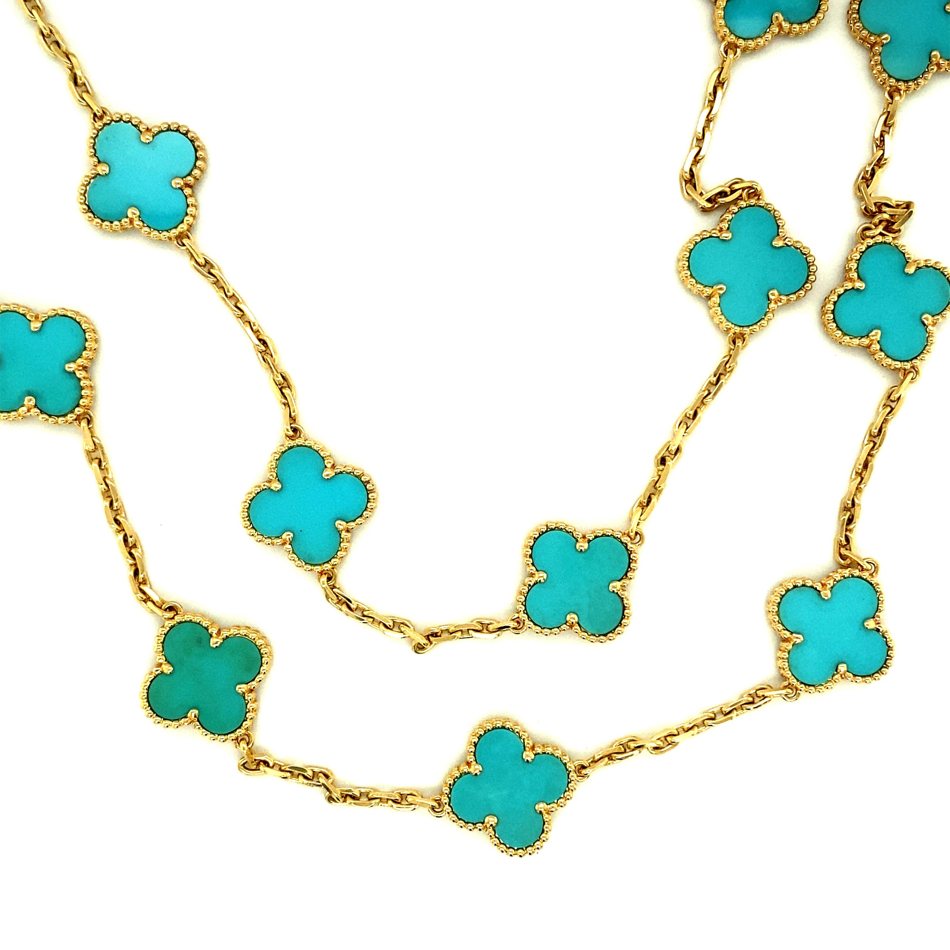  Van Cleef & Arpels original vintage Alhambra necklace set with 20 turquoise motifs mounted in 18kt Yellow Gold. 
The necklace was made in France circa 2012. The necklace is in great condition. 
The necklace measures 33 1/2“ long. 
This beautiful