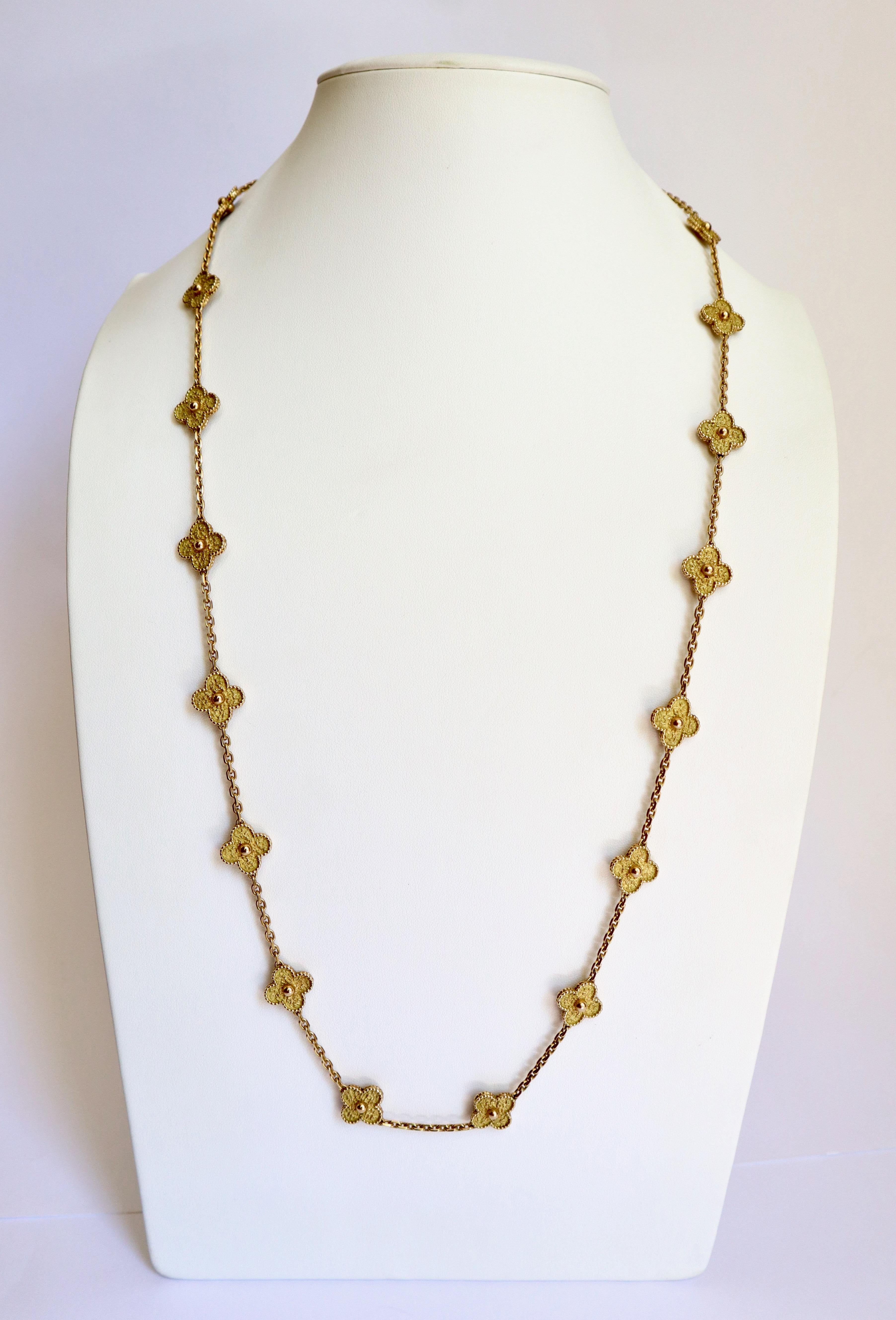 VAN CLEEF AND ARPELS Vintage Alhambra Necklace or Sautoir in 18 carat yellow gold with four-leaf clover adorned with delicate outline of gold beads 20 motifs. 
Signed VCA and numbered 
Alhambra model Sautoir circa 1975

Faithful to the first