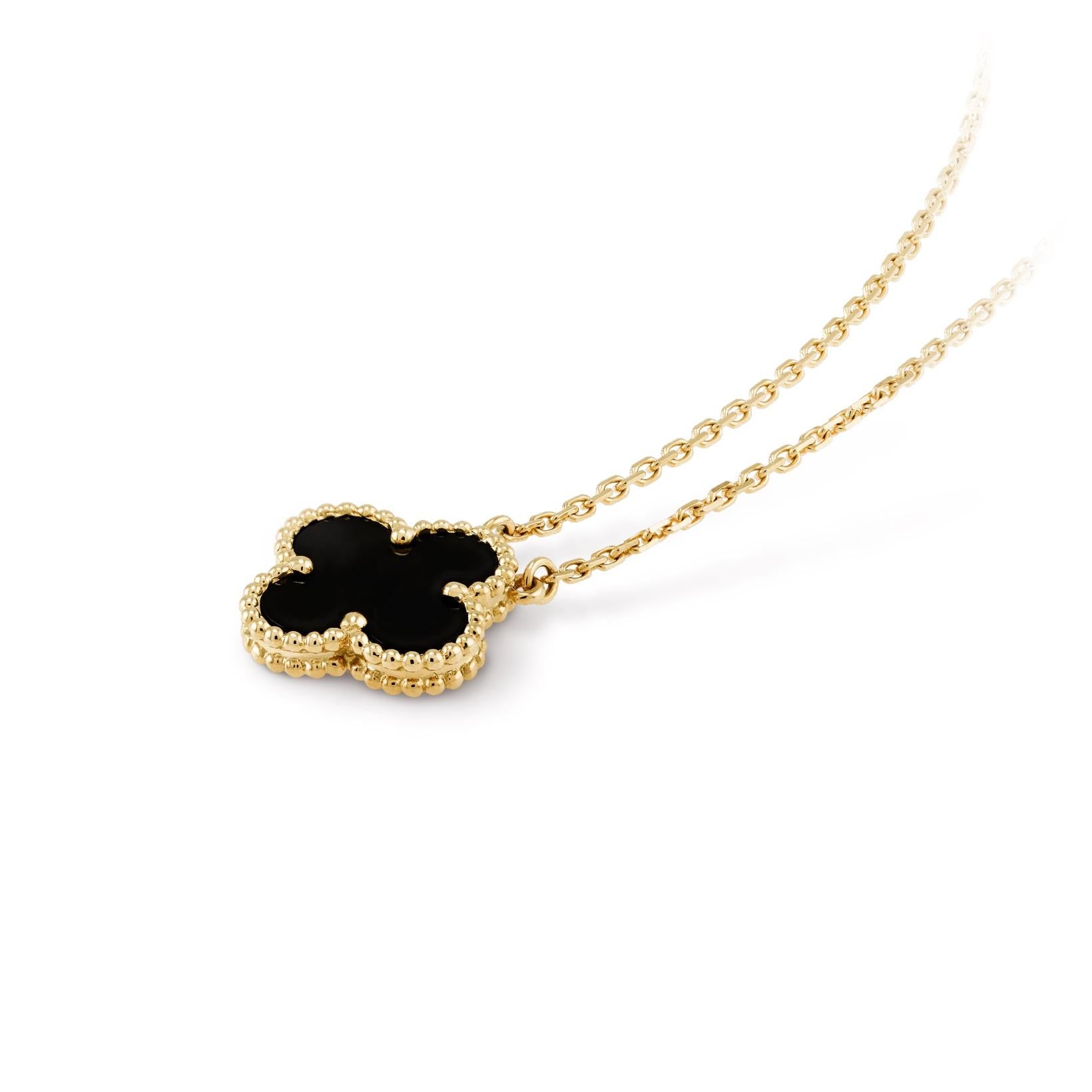 Beautiful necklace crafted by famed jewelry house Van Cleef & Arpels. This elegant design is known as the vintage alhambra necklace.  Crafted in 18k yellow gold this necklace is set with one onyx gemstone alhambra motif charm pendant. The necklace