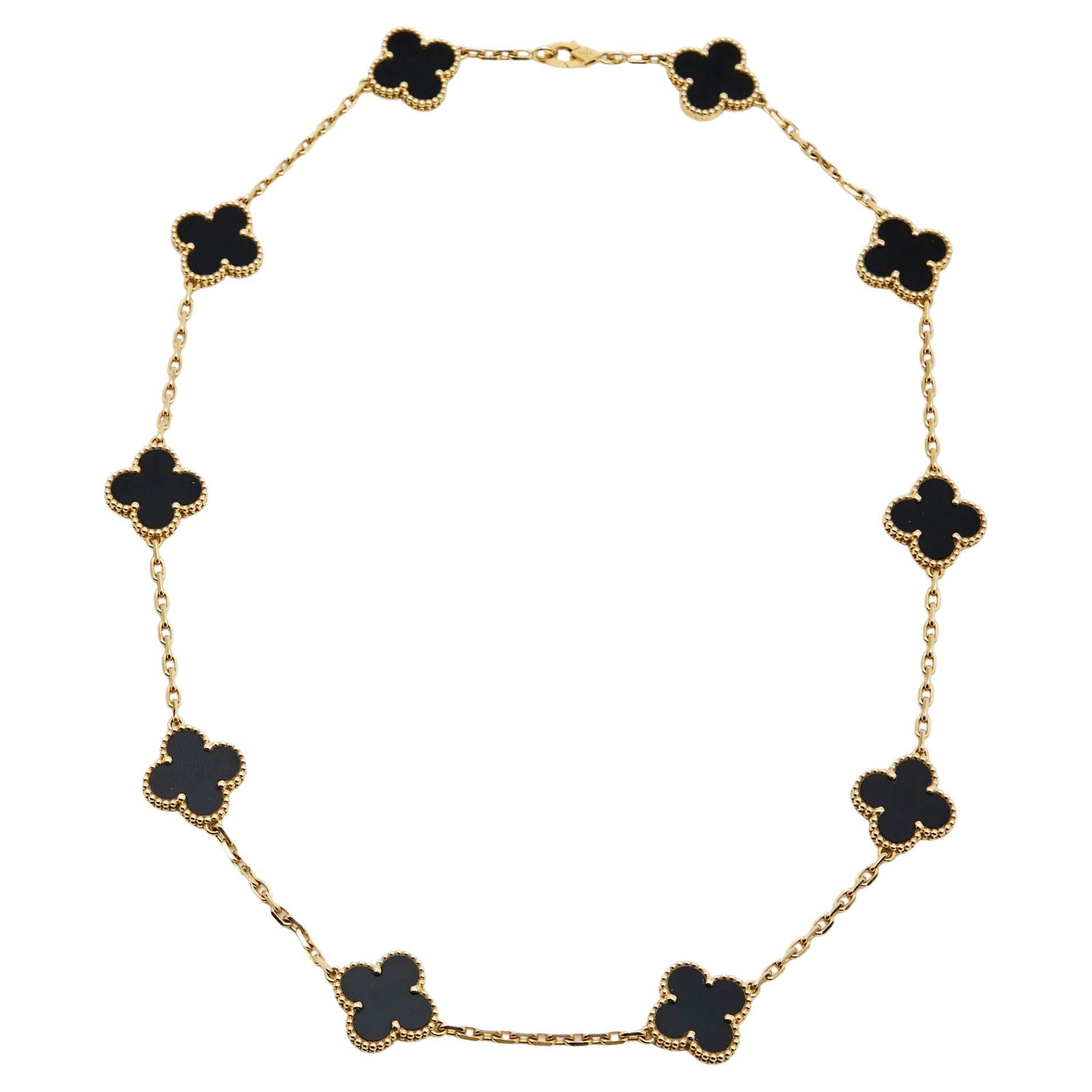 Van Cleef & Arpels Vintage Alhambra Onyx 10 Motif 18k Yellow Gold Necklace