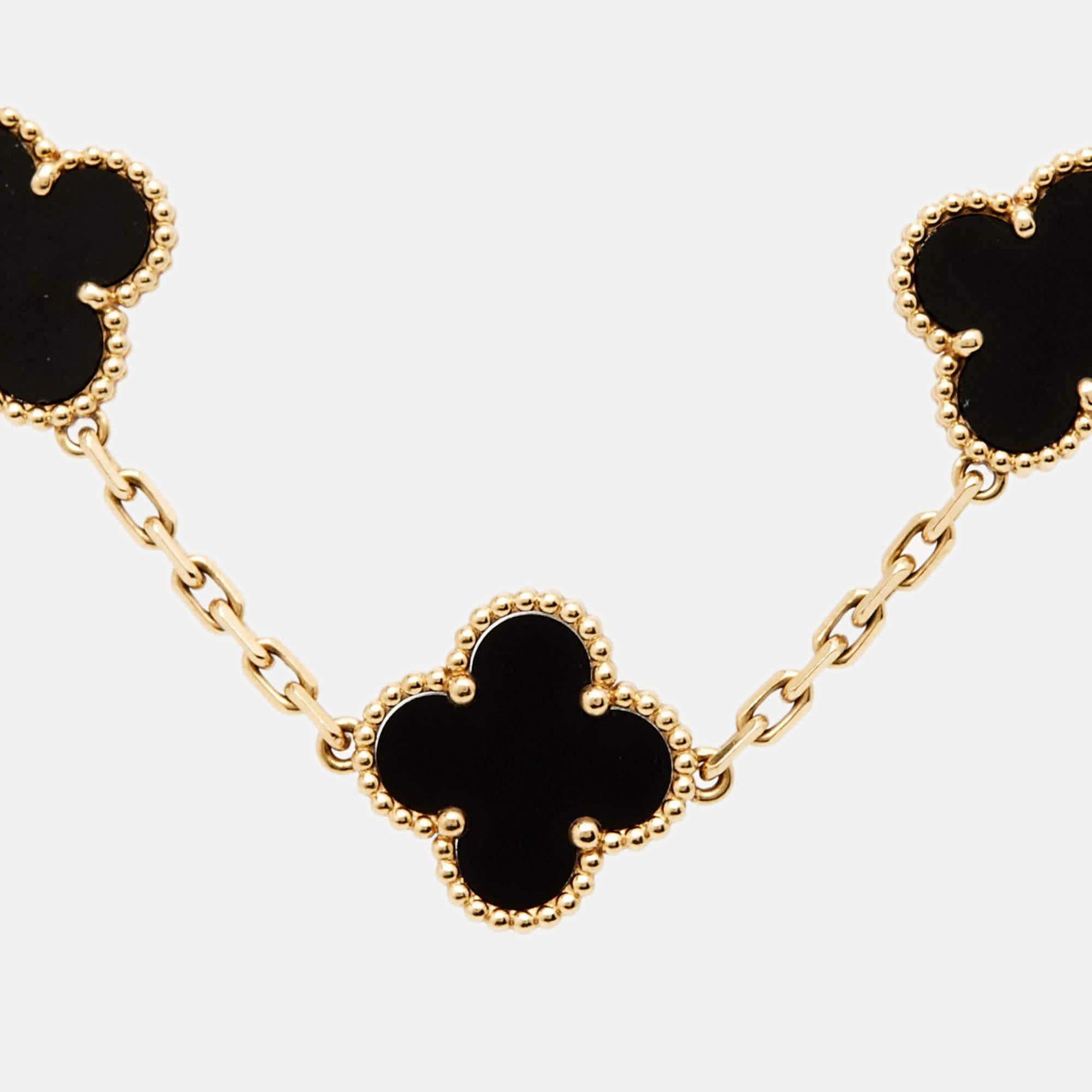 Crafted by Van Cleef & Arpels, the Vintage Alhambra bracelet exudes timeless charm. Delicately set with onyx, each motif signifies elegance. A luxurious statement piece, it gracefully adorns the wrist, adding a touch of understated glamour to any