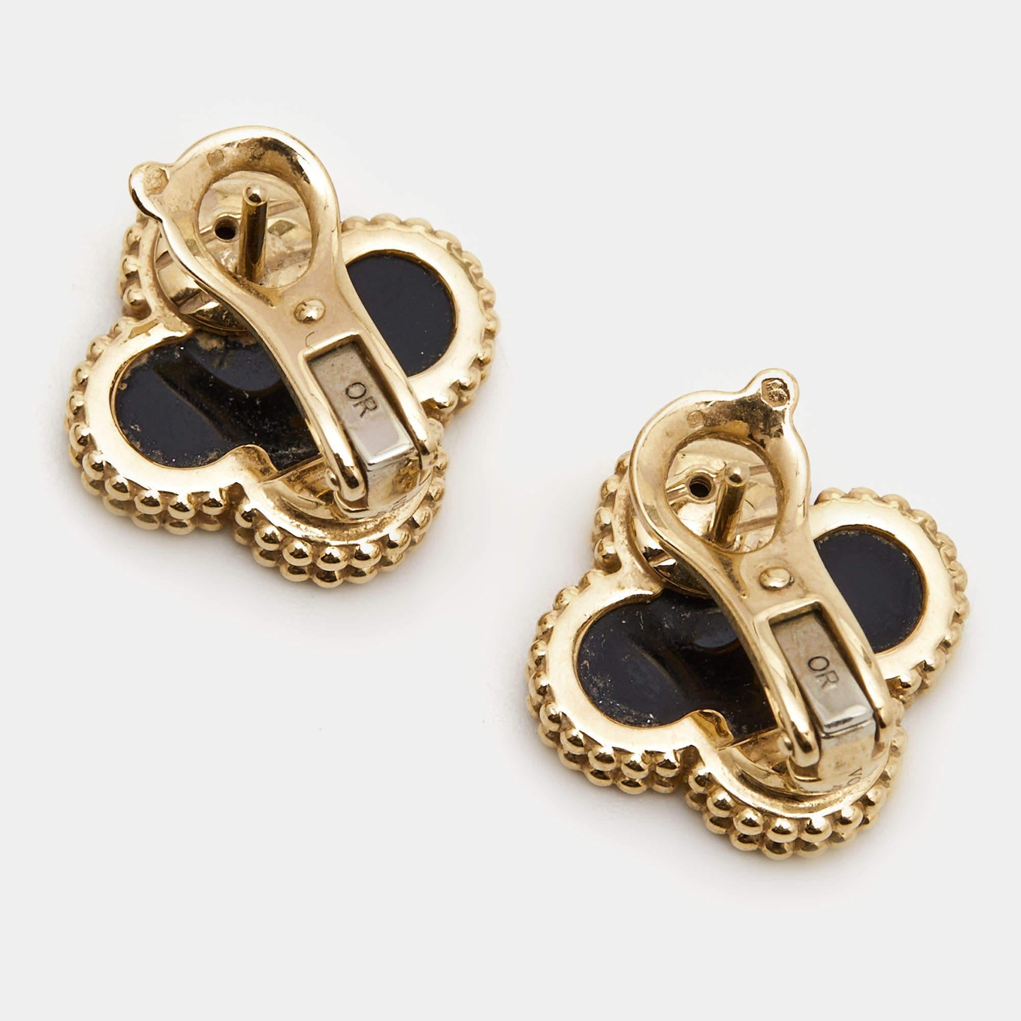 Women's Van Cleef & Arpels Vintage Alhambra Onyx 18k Yellow Gold Earrings