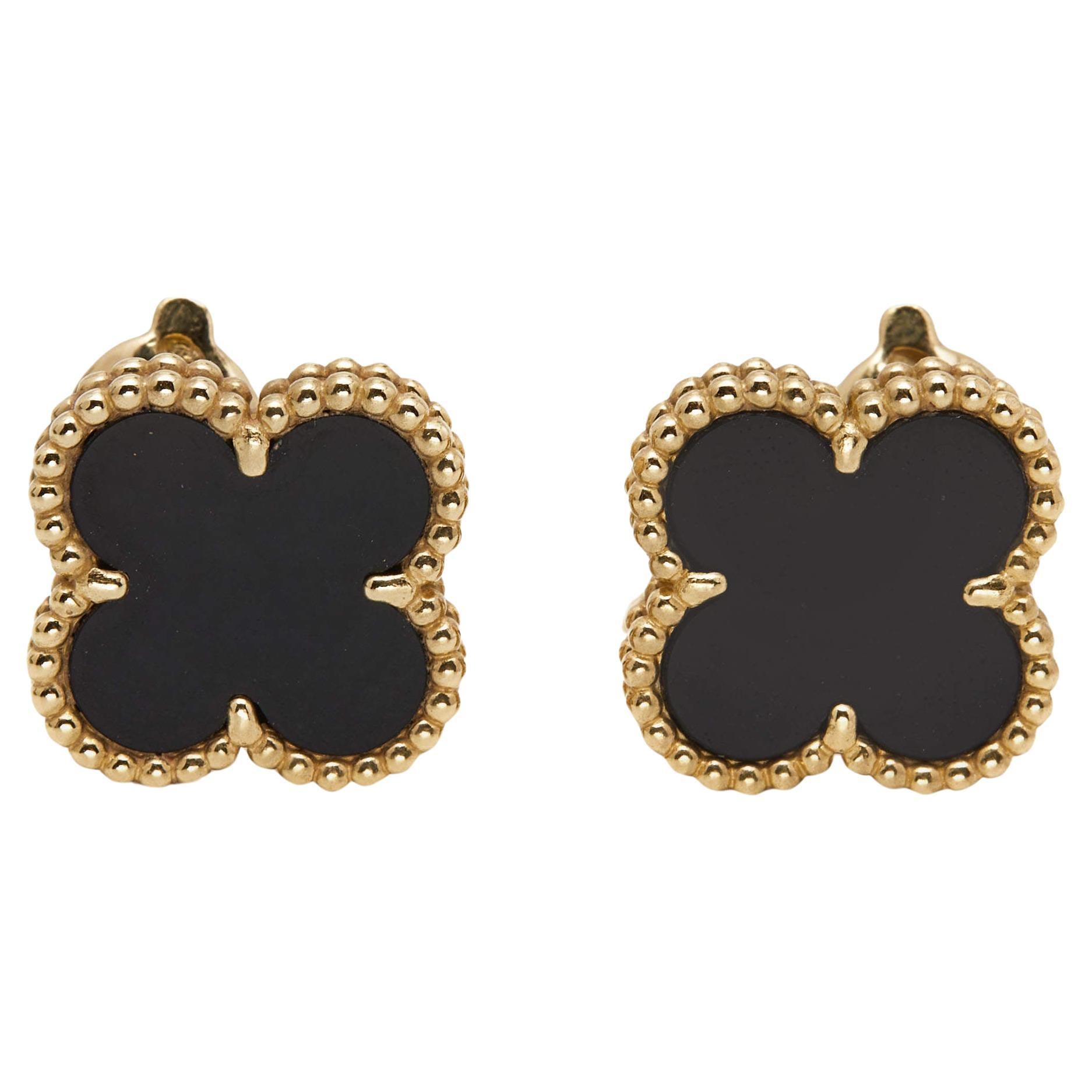 Van Cleef & Arpels Vintage Alhambra Onyx 18k Yellow Gold Earrings