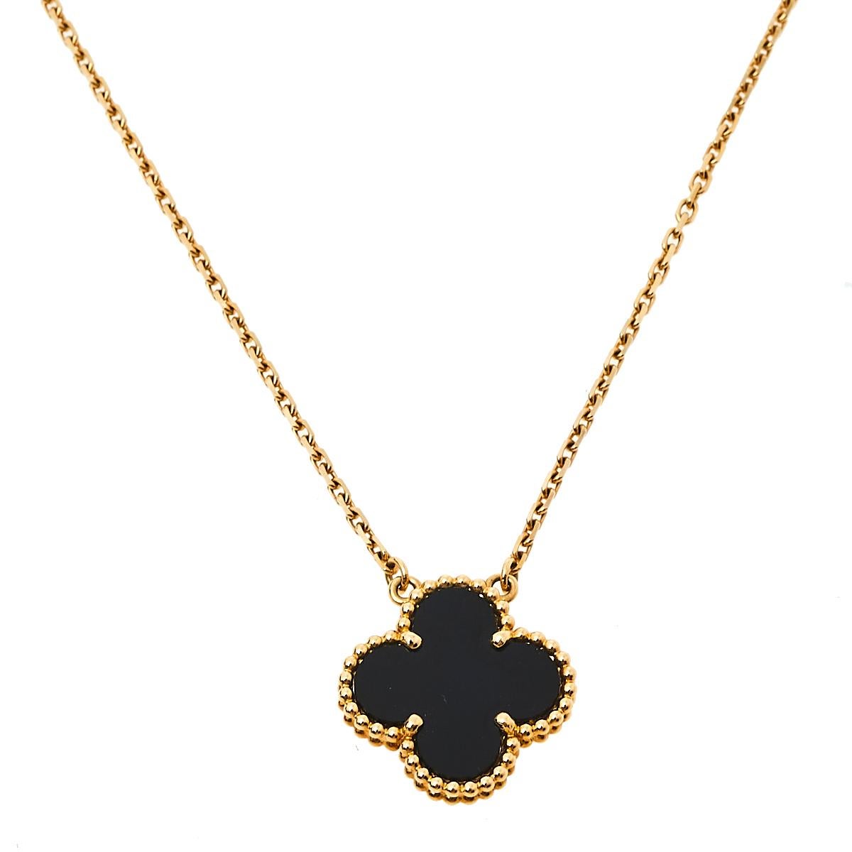 Van Cleef & Arpels’ Alhambra jewel was first created in 1968, and the Vintage Alhambra creations remain faithful to its timeless elegance. The iconic clover motif is a potent symbol of luck and in this necklace, it comes set with onyx and is adorned