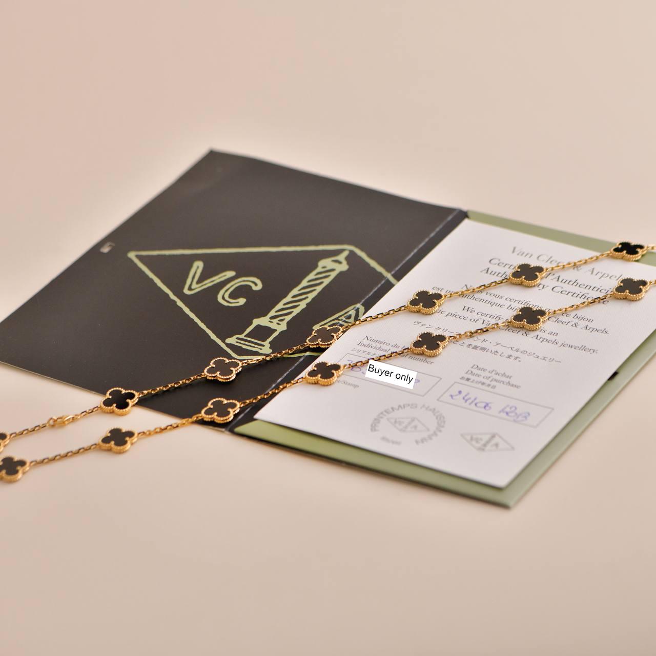 Uncut Van Cleef & Arpels Vintage Alhambra Onyx 20 Motif Yellow Gold Long Necklace