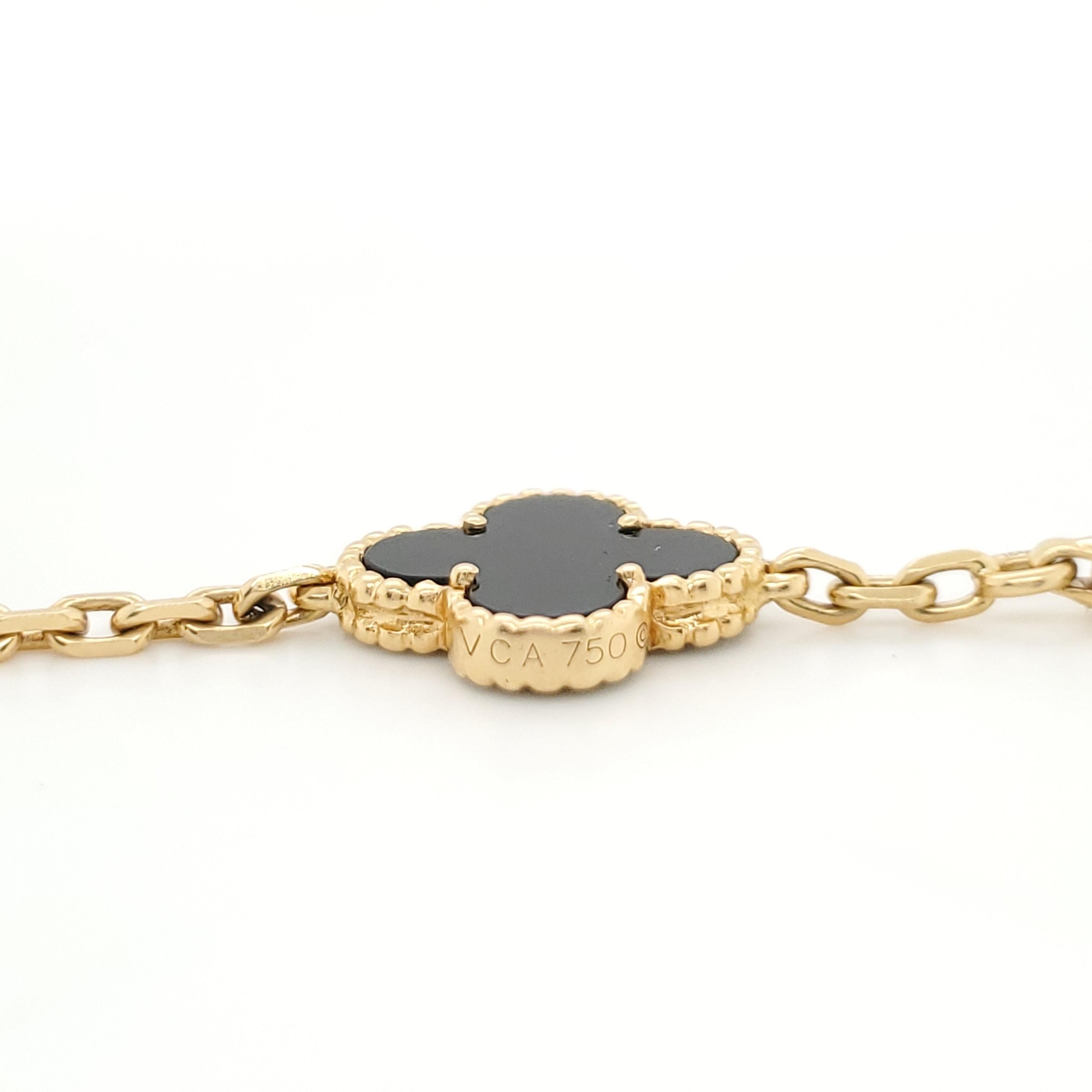 Authentic Van Cleef & Arpels 18 karat yellow gold five motif onyx Alhambra bracelet. Bracelet is marked VCA 750, CL 37987. The bracelet is 7 inches in length. Bracelet does not come with original box or papers. 