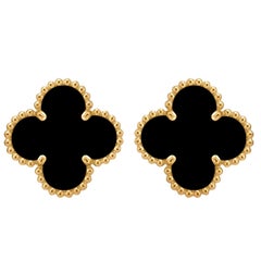 Van Cleef & Arpels Vintage Alhambra Onyx Clip Back Earrings 18K Yellow Gold