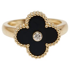 Van Cleef & Arpels Vintage Alhambra Onyx Diamond 18k Yellow Gold Ring Size 55