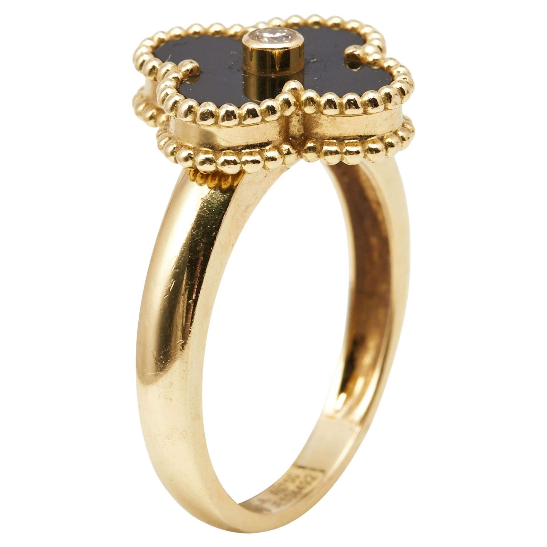 Van Cleef & Arpels Vintage Alhambra Onyx Diamond 18k Yellow Gold Ring Size 57