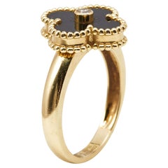 Van Cleef & Arpels Vintage Alhambra Onyx Diamond 18k Yellow Gold Ring Size 57