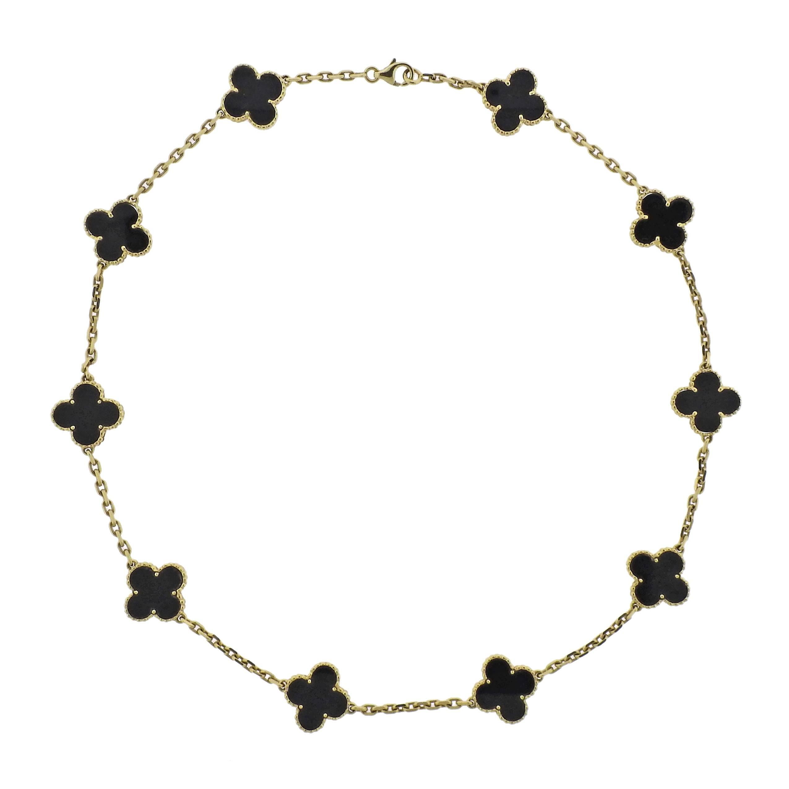 Van Cleef & Arpels Vintage Alhambra Onyx Gold Ten Motif Necklace