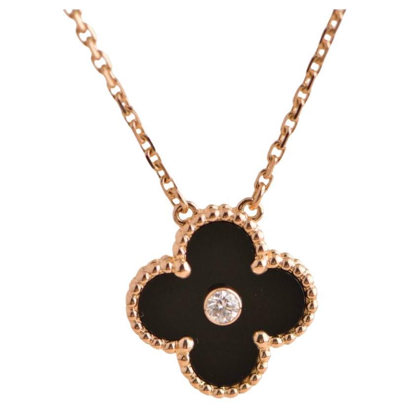 Van Cleef & Arpels Vintage Alhambra Onyx Rose Gold 2016 Holiday Pendant Necklace For Sale