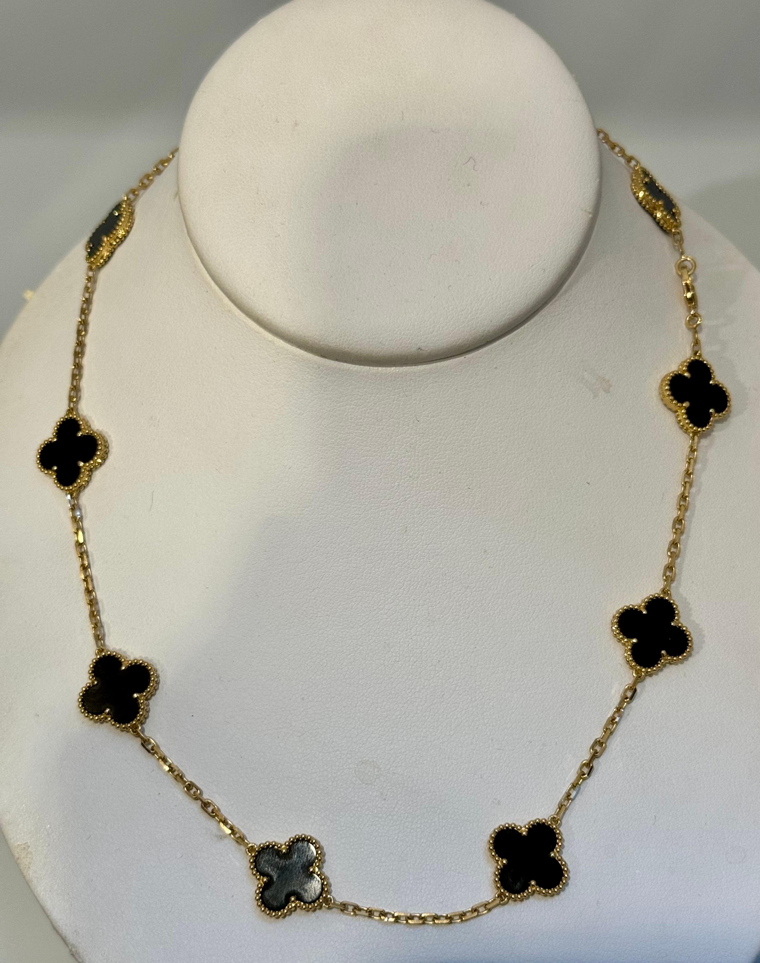 Women's Van Cleef & Arpels Vintage Alhambra Onyx Yellow Gold 10 Motif Necklace, Estate