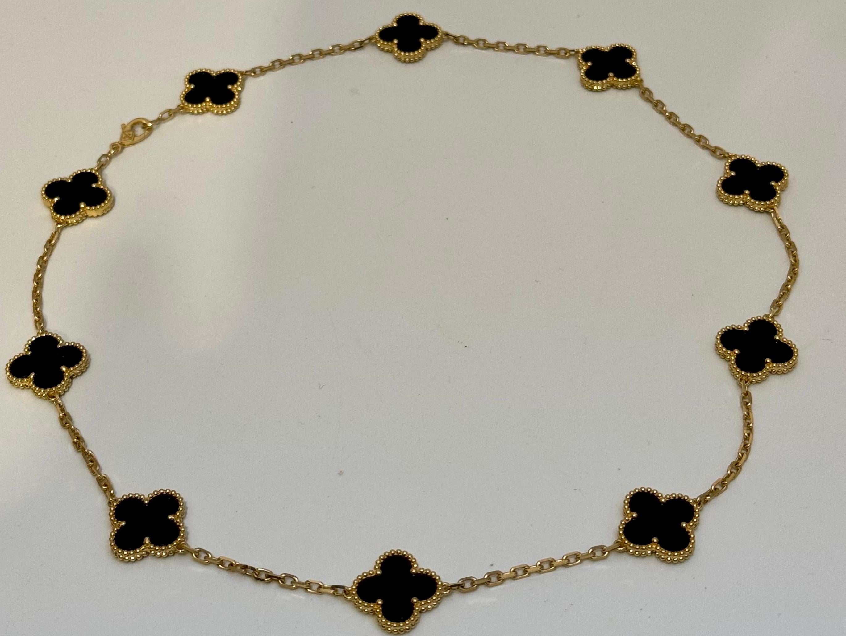 Van Cleef & Arpels Vintage Alhambra Onyx Yellow Gold 10 Motif Necklace, Estate 3
