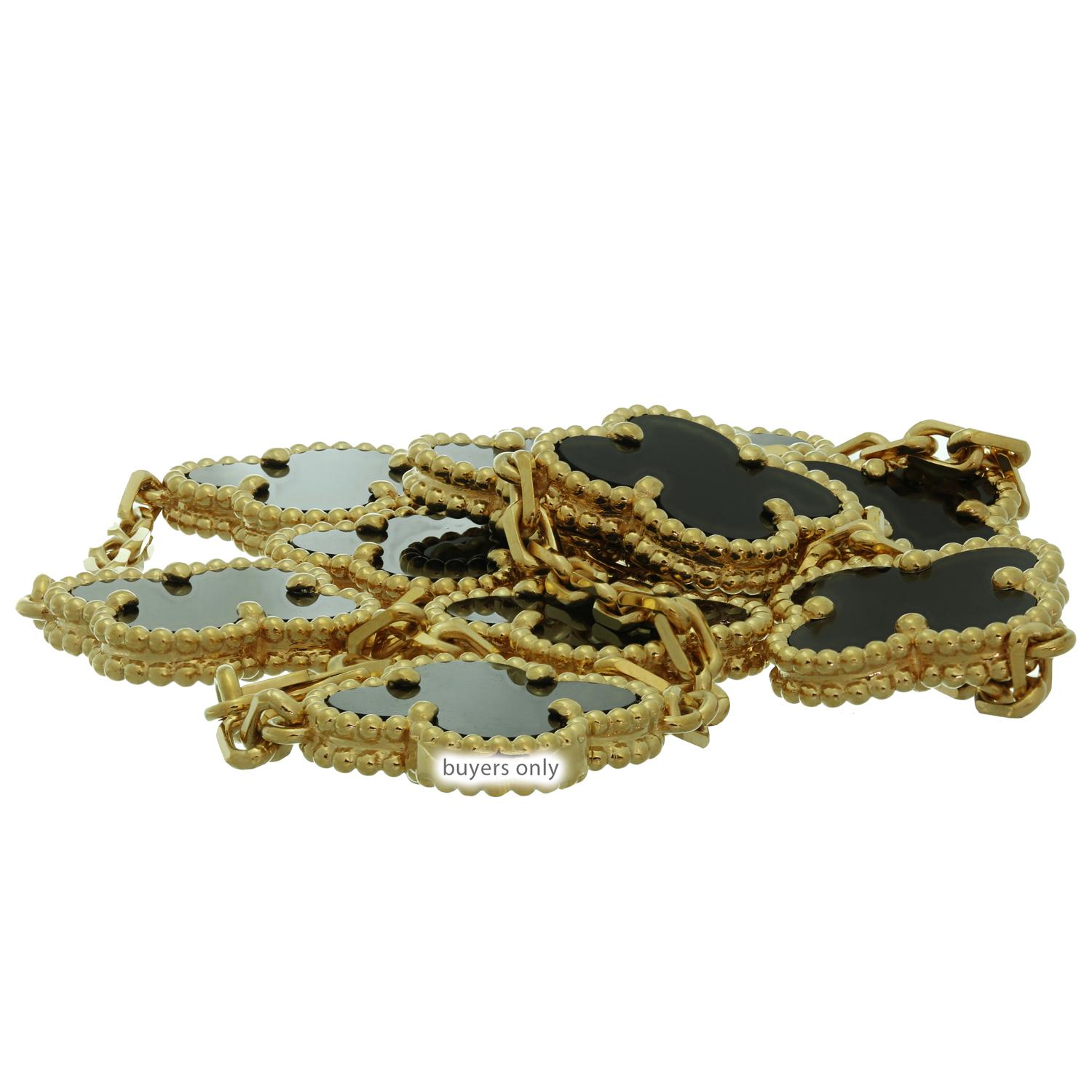 Van Cleef & Arpels Vintage Alhambra Onyx Yellow Gold 10 Motif Necklace In Excellent Condition In New York, NY