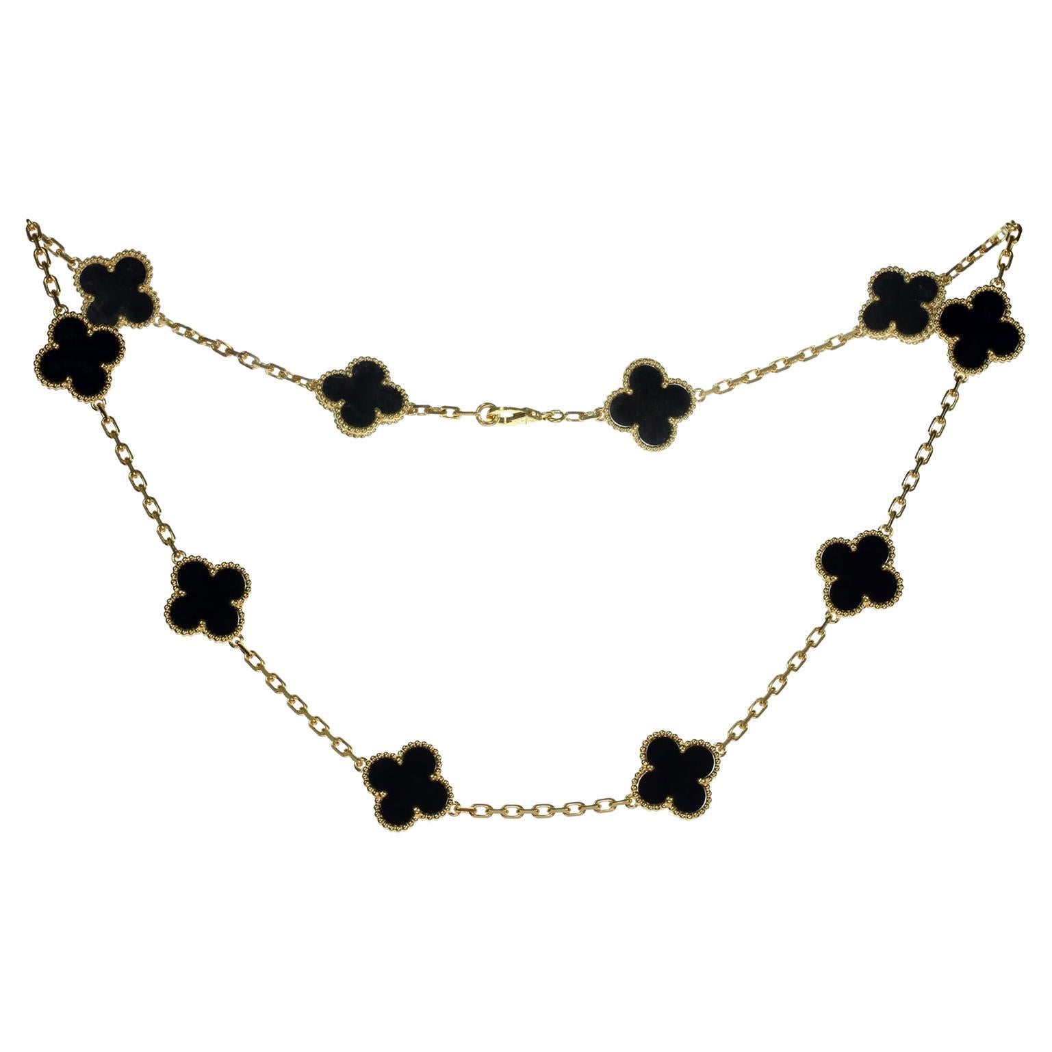 Van Cleef & Arpels Vintage Alhambra Onyx Yellow Gold 10 Motif Necklace