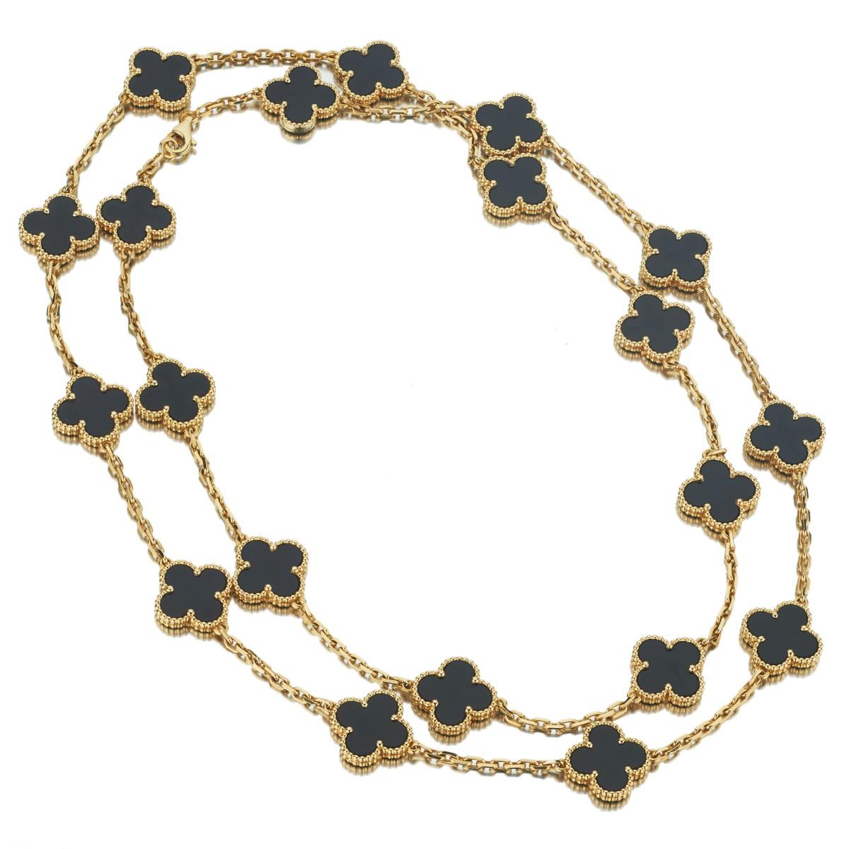 Women's Van Cleef & Arpels Vintage Alhambra Onyx Yellow Gold 20 Motif Necklace, Estate