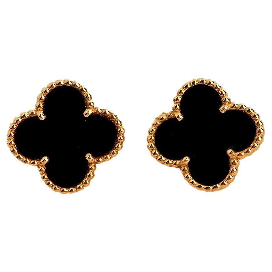 Van Cleef & Arpels Vintage Alhambra Onyx Yellow Gold Earrings