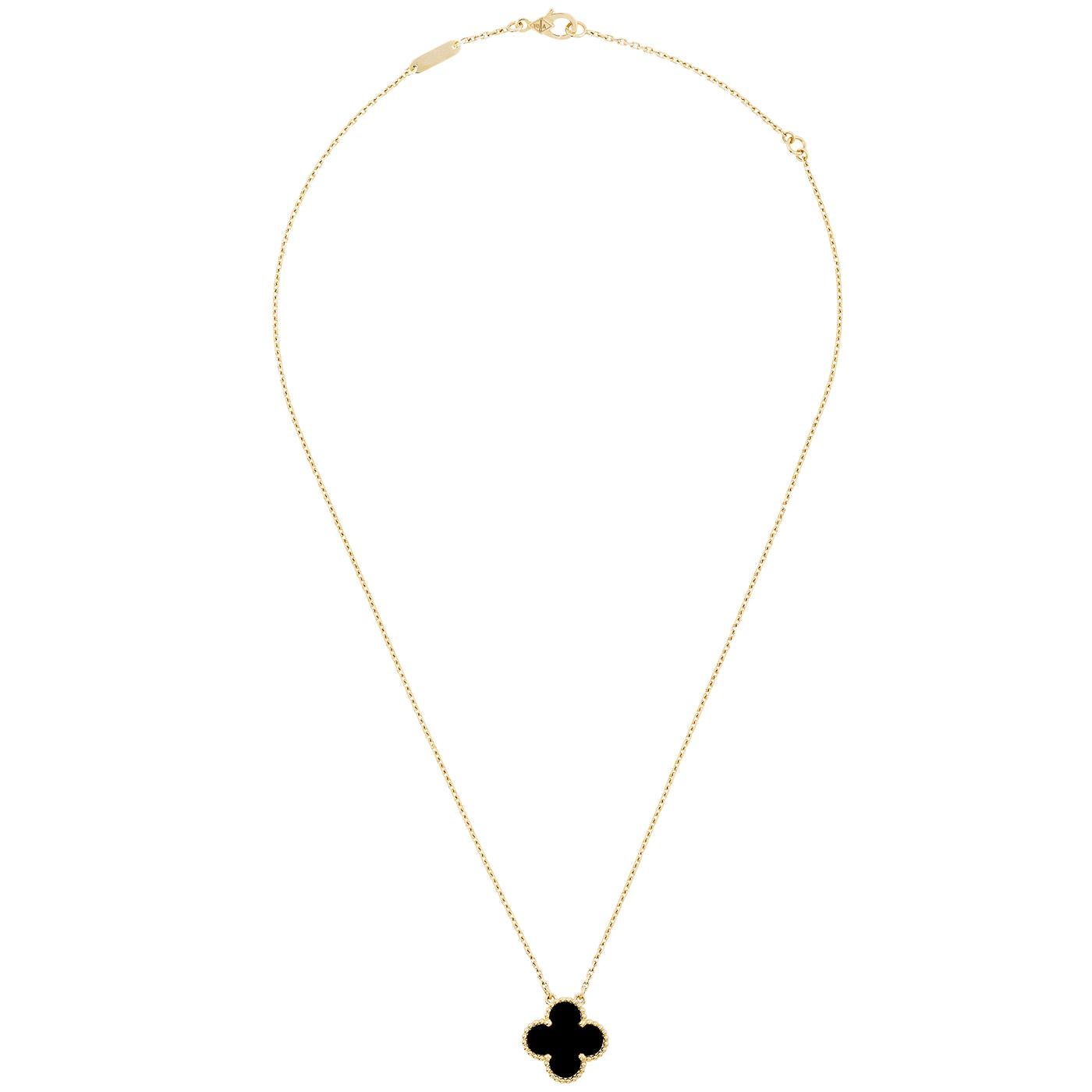 Vintage Alhambra pendant, 18K yellow gold, onyx. The pendant is attached to the necklace’s chain

Details:
Brand: Van Cleef & Arpels
Type: Vintage Alhambra Pendant
Clasp: Hallmark Clasp, Small Model
Stones: Onyx (1 stone) (As each stone is unique,
