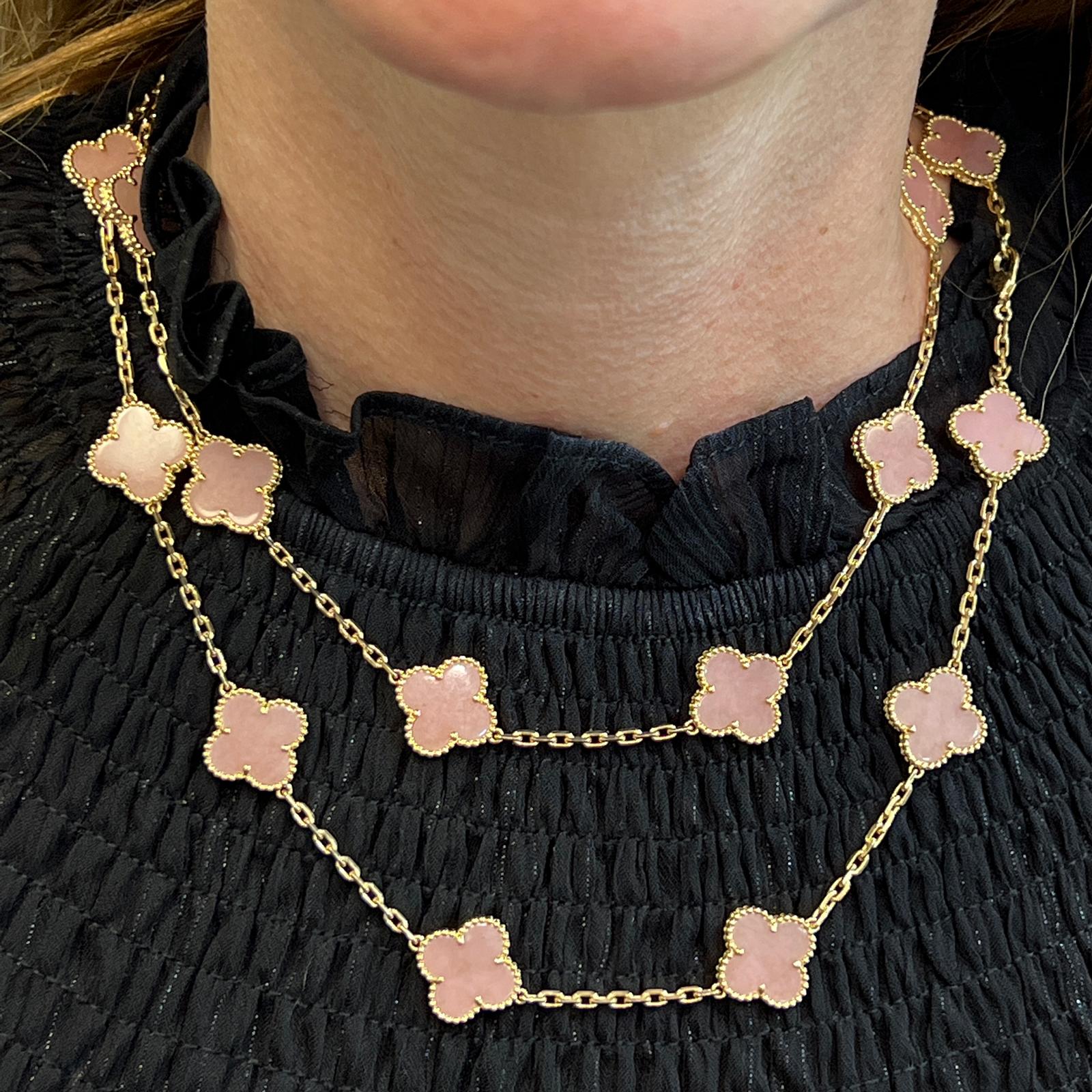 Van Cleef & Arpels Vintage Alhambra Pink Opal 20 Motif 18K Yellow Gold Necklace 5