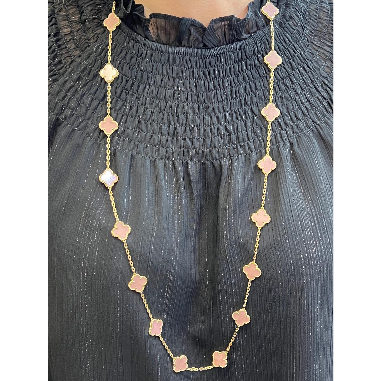 Van Cleef & Arpels Vintage Alhambra Pink Opal 20 Motif 18K Yellow Gold Necklace 3