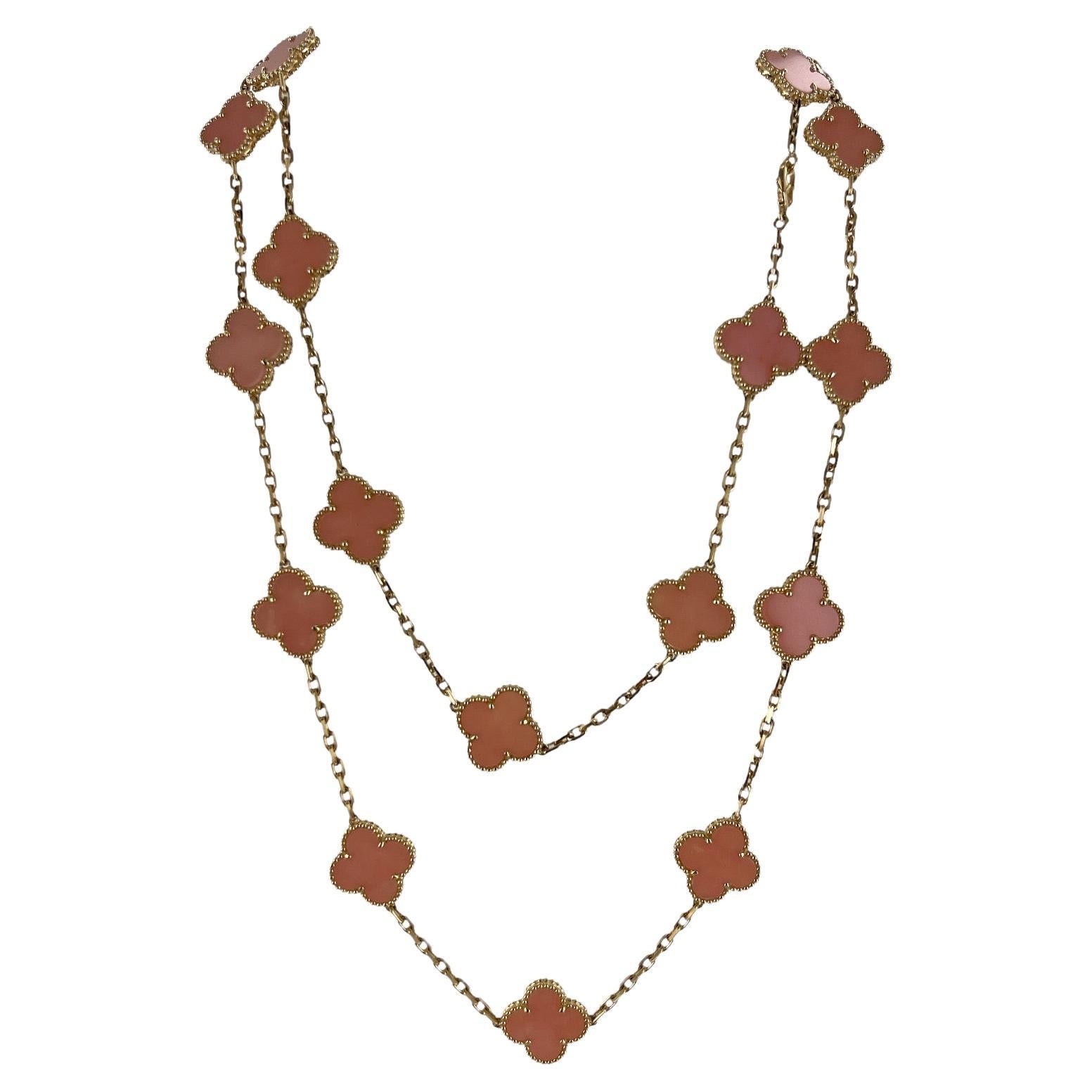 Van Cleef & Arpels Vintage Alhambra Pink Opal 20 Motif 18K Yellow Gold Necklace