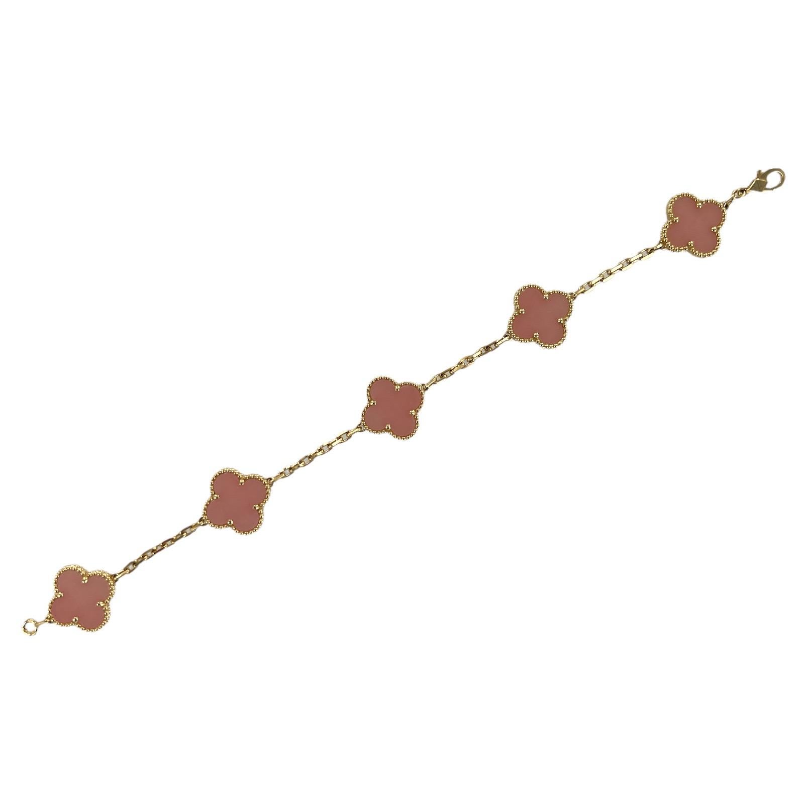 Van Cleef & Arpels Vintage Alhambra Rosa Opal 5 Motive 18KYG Gliederarmband B&P (Moderne)