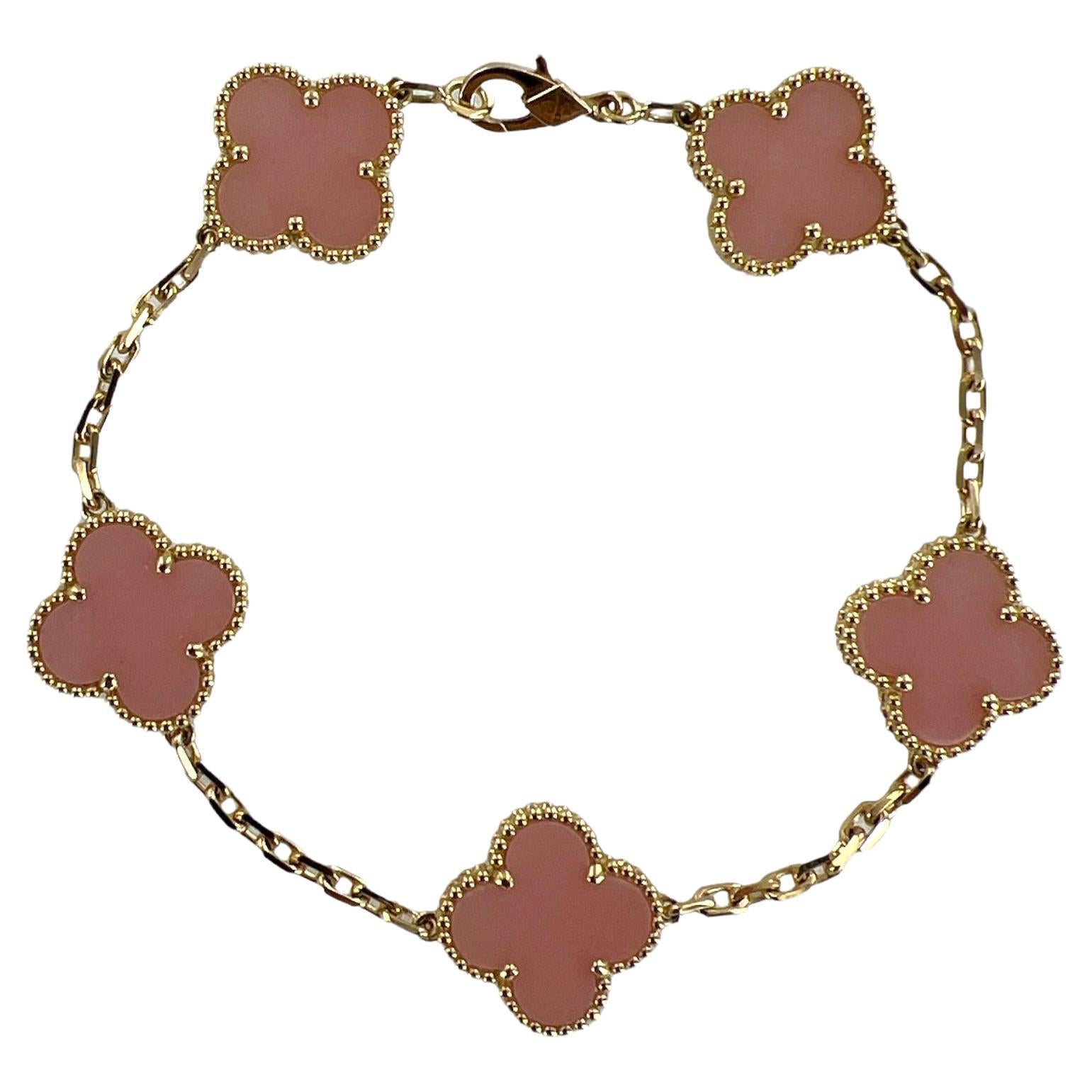 Van Cleef & Arpels Vintage Alhambra Pink Opal 5 Motif 18KYG Link Bracelet B&P