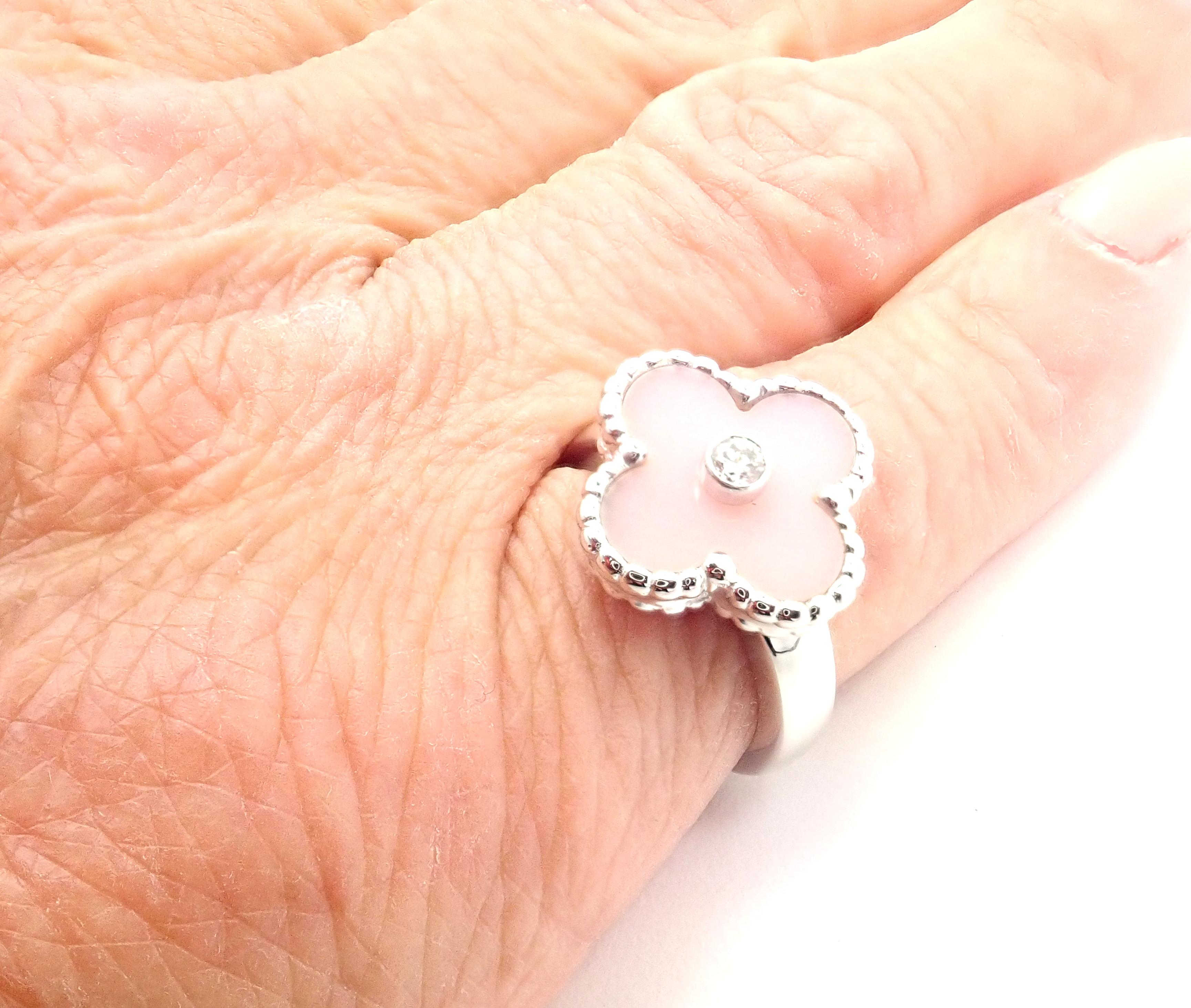 Van Cleef & Arpels Vintage Alhambra Pink Opal Diamond White Gold Ring For Sale 2