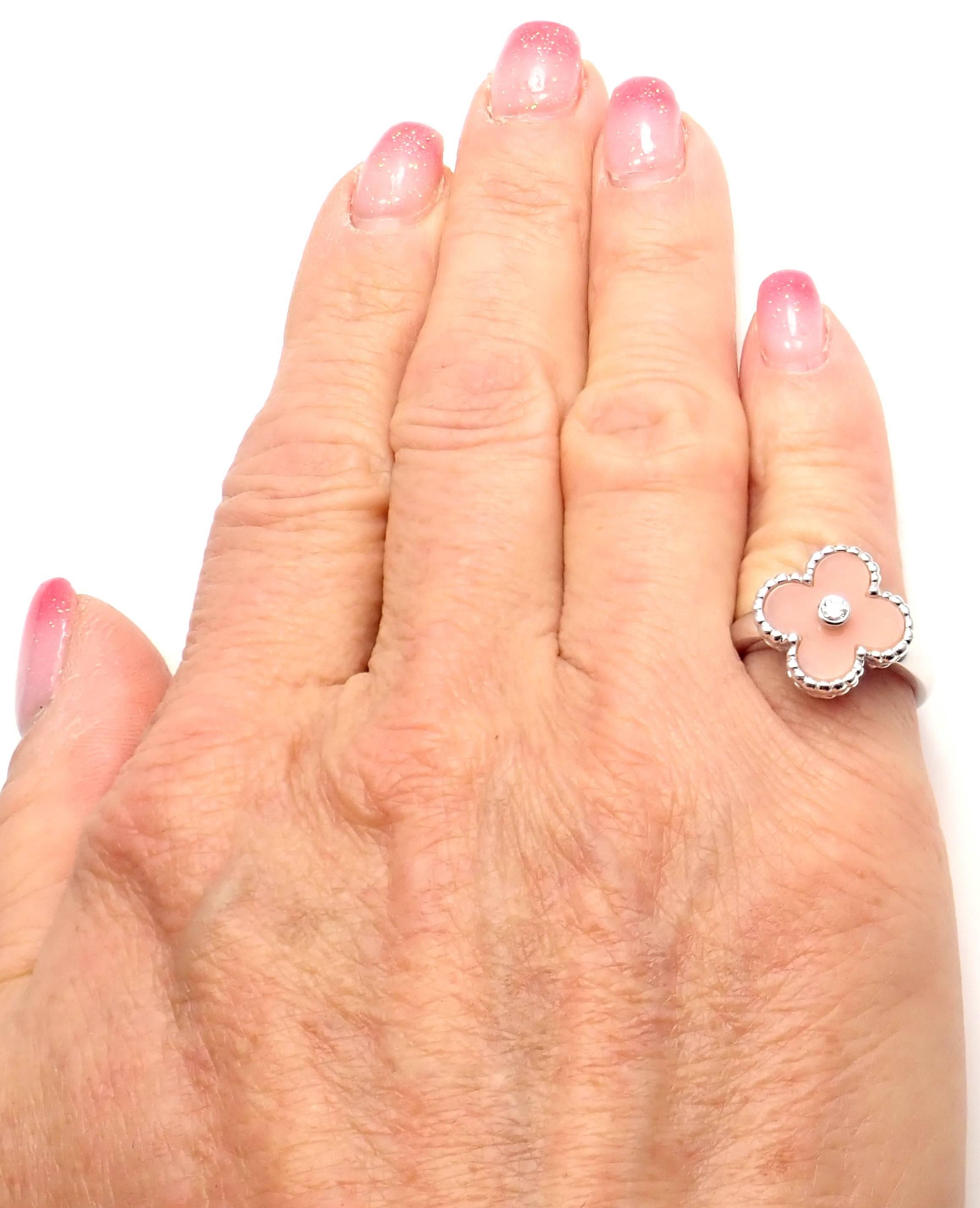 Van Cleef & Arpels Vintage Alhambra Pink Opal Diamond White Gold Ring 3