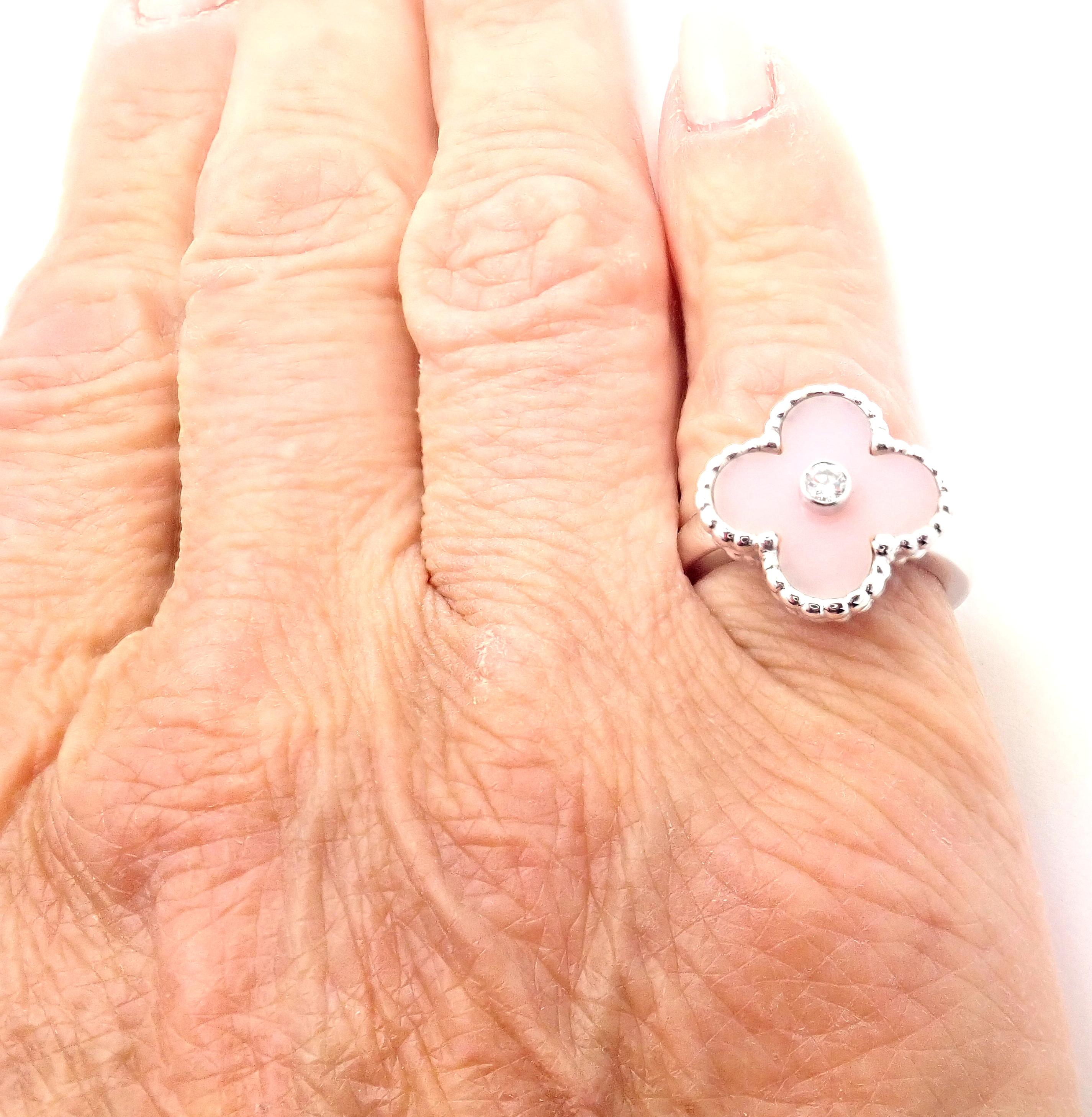 Van Cleef & Arpels Vintage Alhambra Pink Opal Diamond White Gold Ring For Sale 1