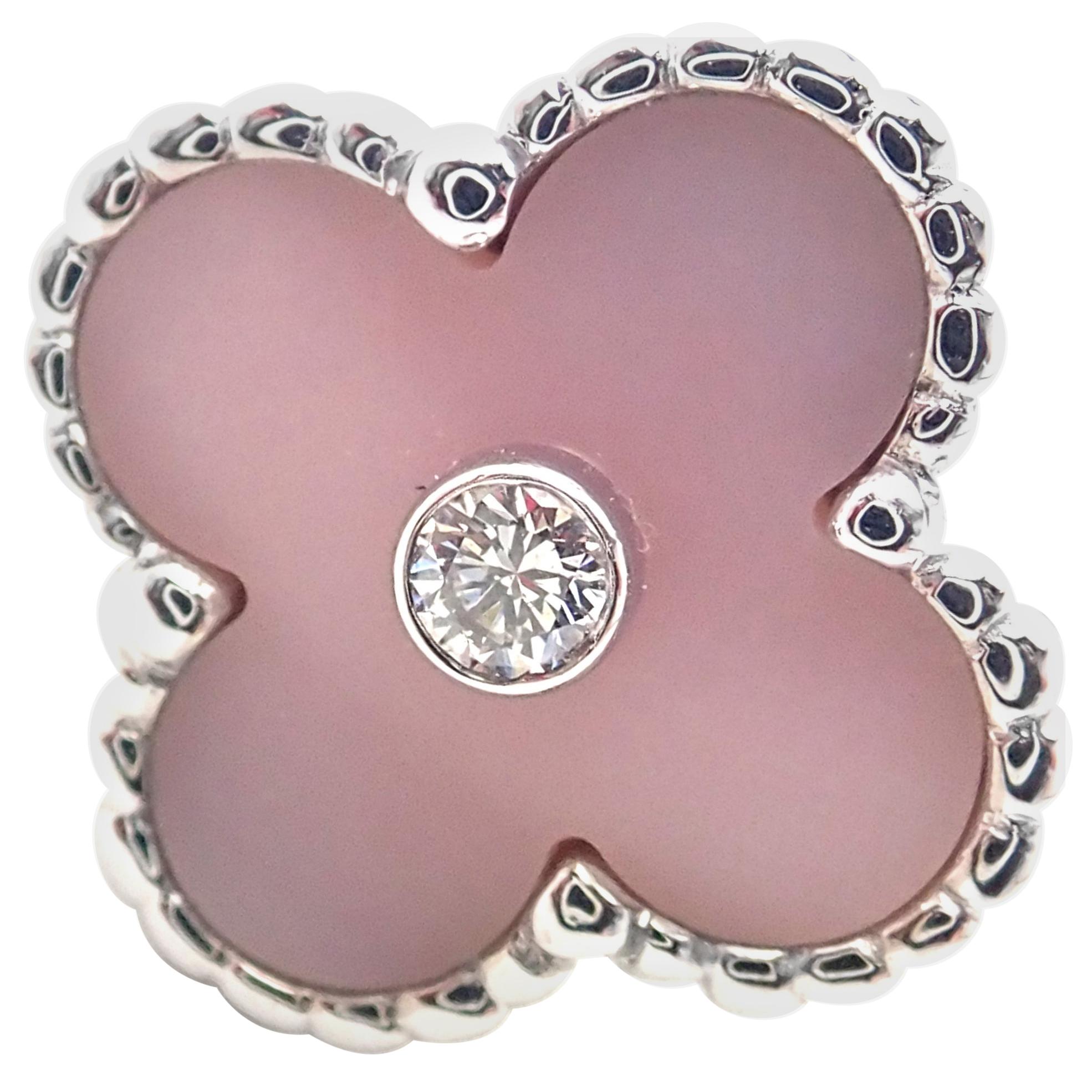 Van Cleef & Arpels Vintage Alhambra Pink Opal Diamond White Gold Ring For Sale