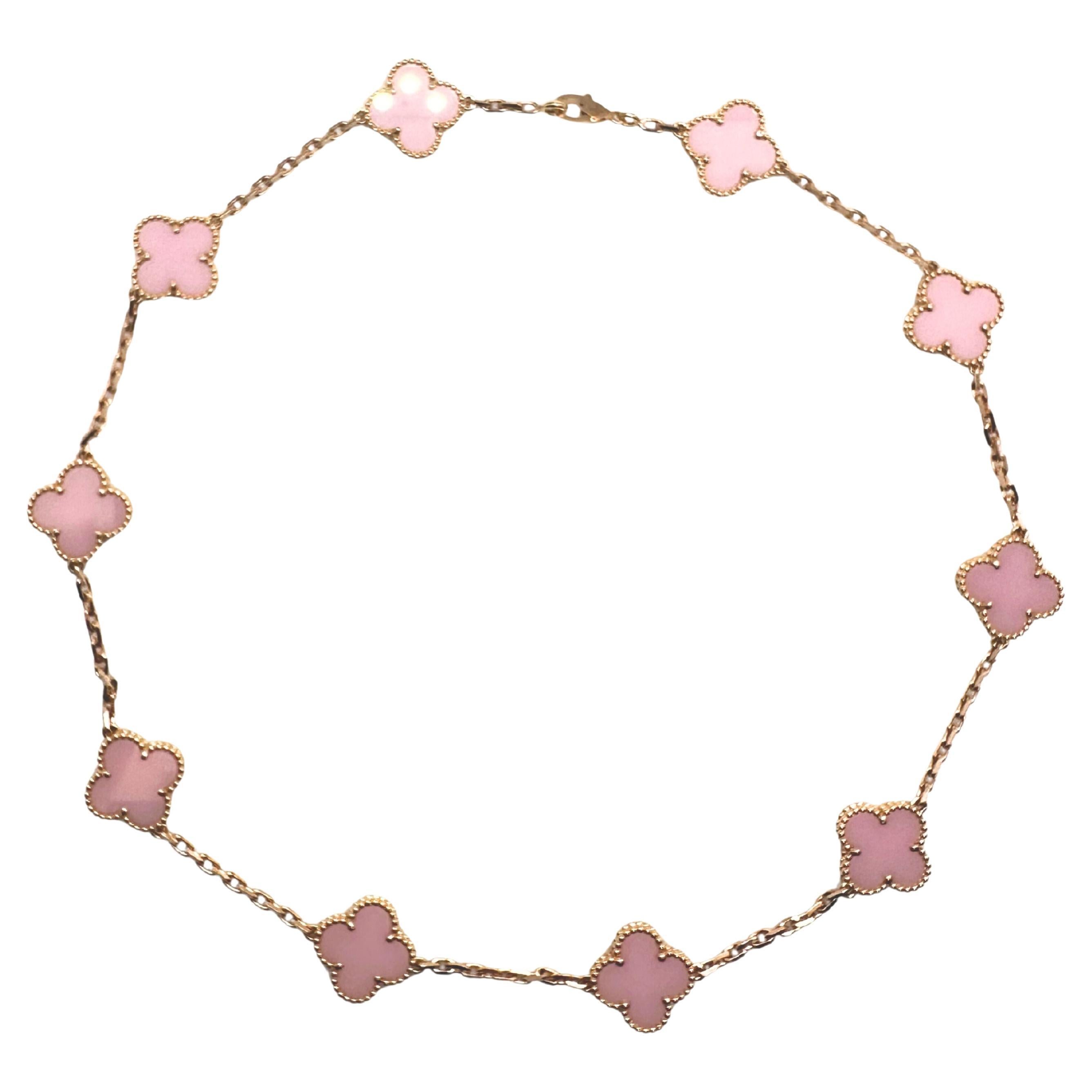 Van Cleef 
Arpels Vintage Alhambra Pink Porcelain 10 Motif Rose Gold Necklace For Sale