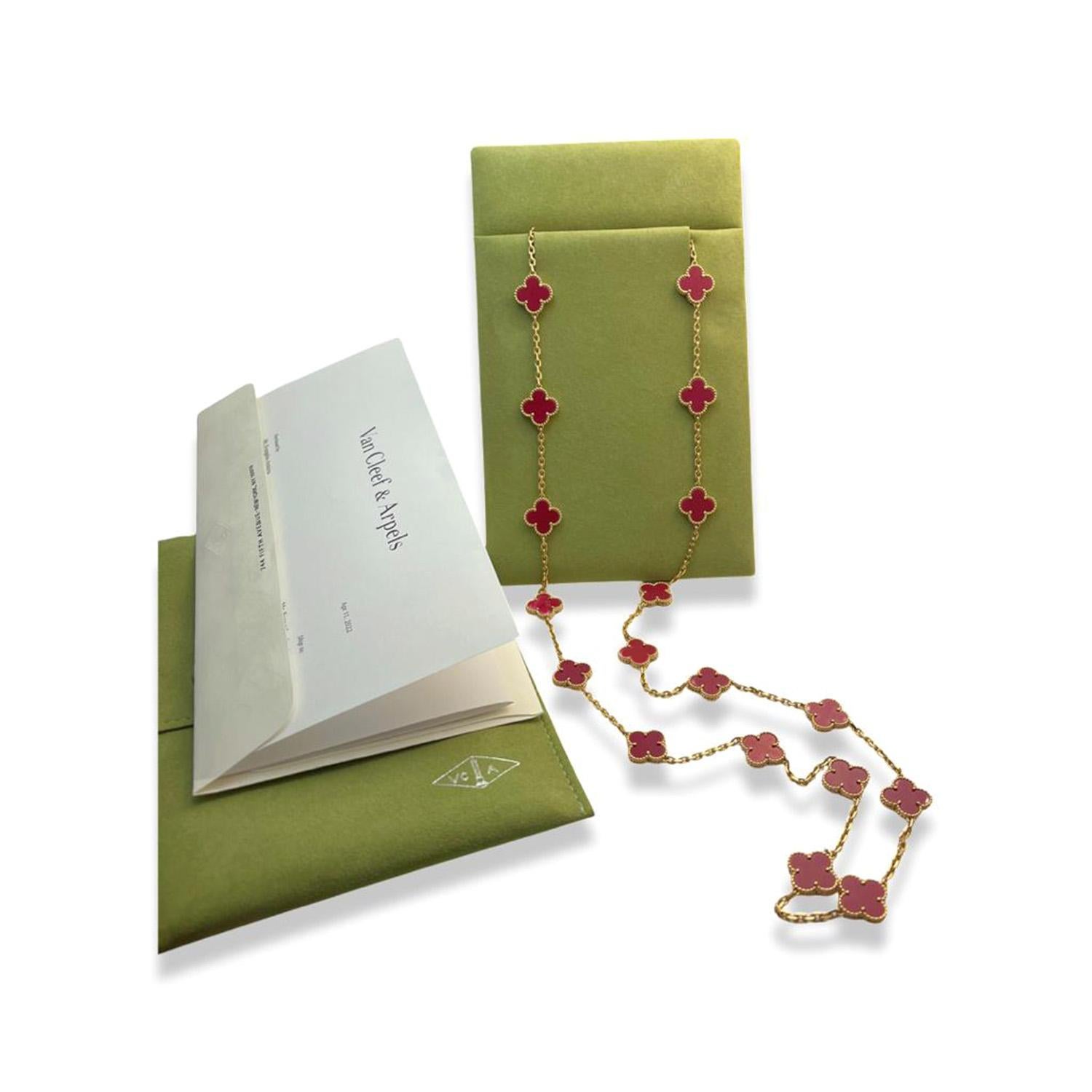Rare 18k Rose Gold Alhambra 20 Motifs Necklace by Van Cleef & Arpels.

With 20 motifs of Sevres Raspberry Pink Porcelain Vintage Alhambra motifs that are 15mm each.

*** This is an extremely rare, highly collectible VCA Alhambra edition by Van Cleef
