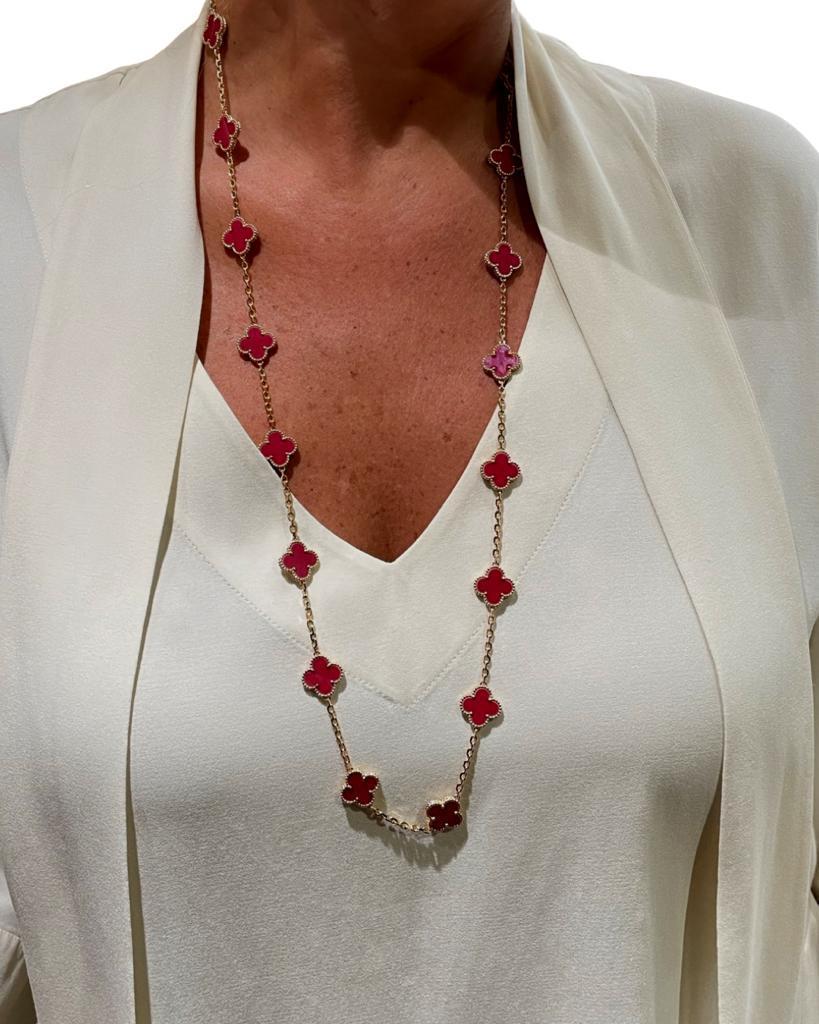 Modern Van Cleef & Arpels Vintage Alhambra Pink Porcelain 18k Rose Gold Necklace