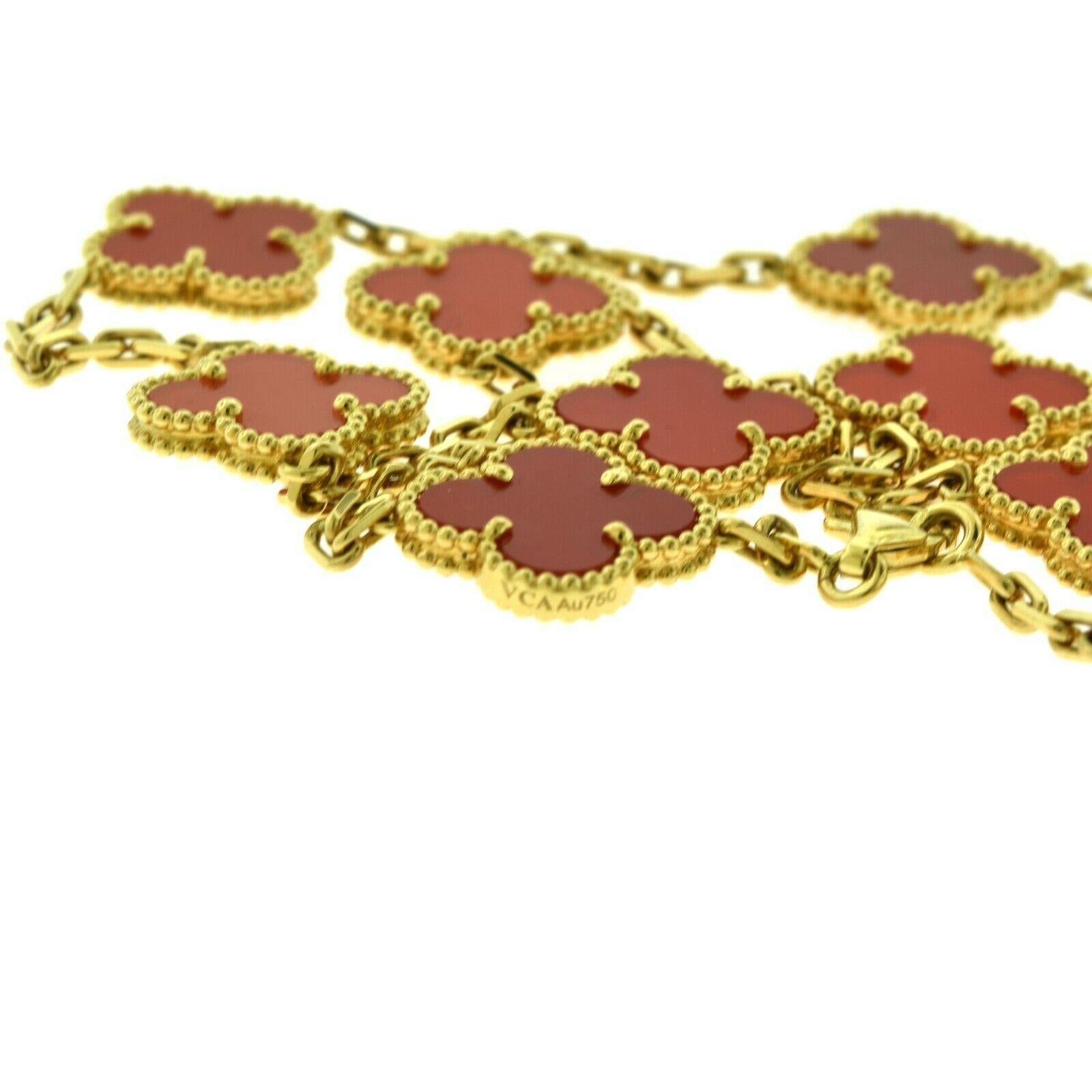Designer: Van Cleef & Arpels

Collection: Vintage Alhambra

Style: 10 Motif Necklace

Stones: Red Carnelian Onyx 

Metal Type: Yellow Gold

Metal Purity: 18k​​​​​​​

Necklace Length: 16.8 inches​​​​​​​

Closure: Lobster Clasp

​Includes: Brilliance