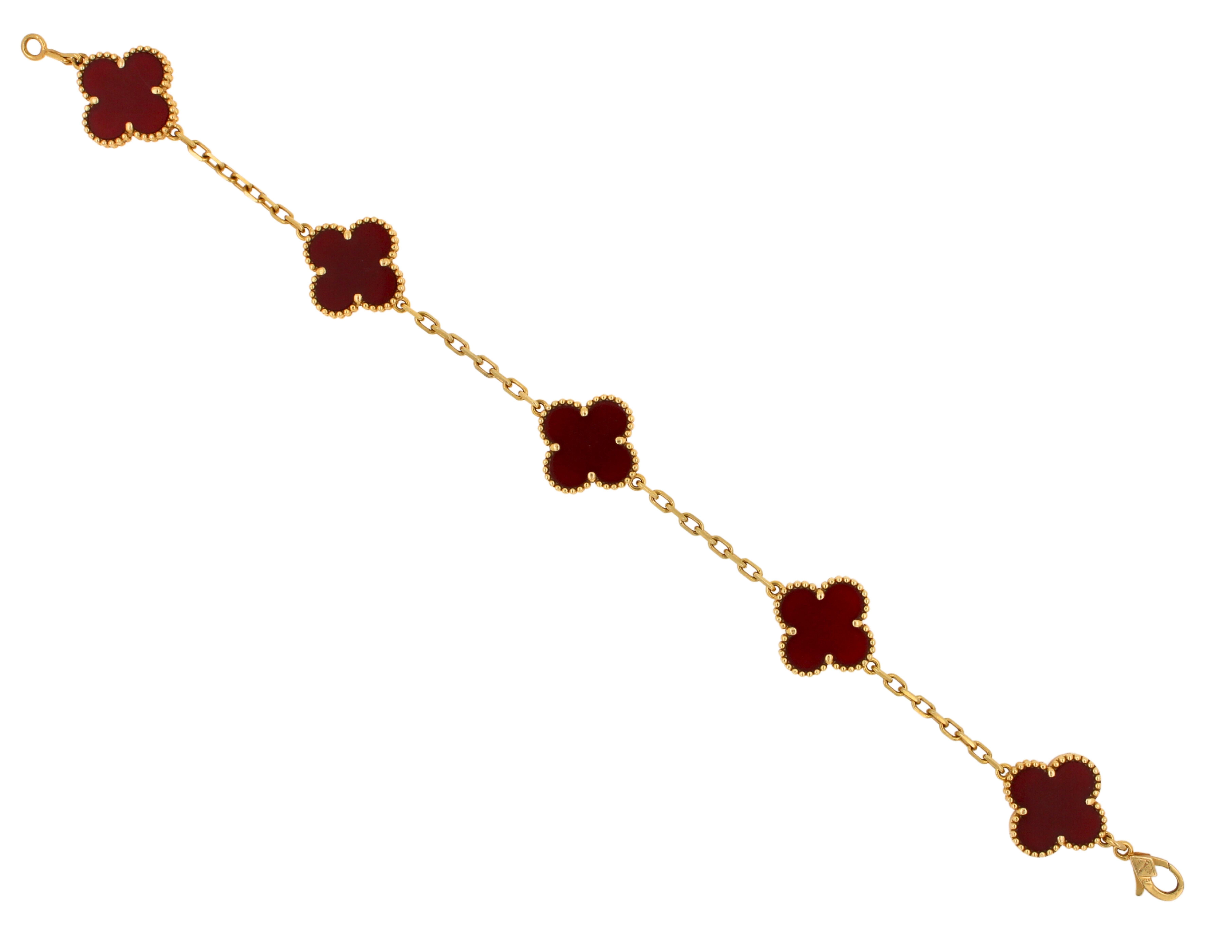 Van Cleef & Arpels Vintage Alhambra Red Carnelian 5 Motifs Yellow Gold Bracelet 3