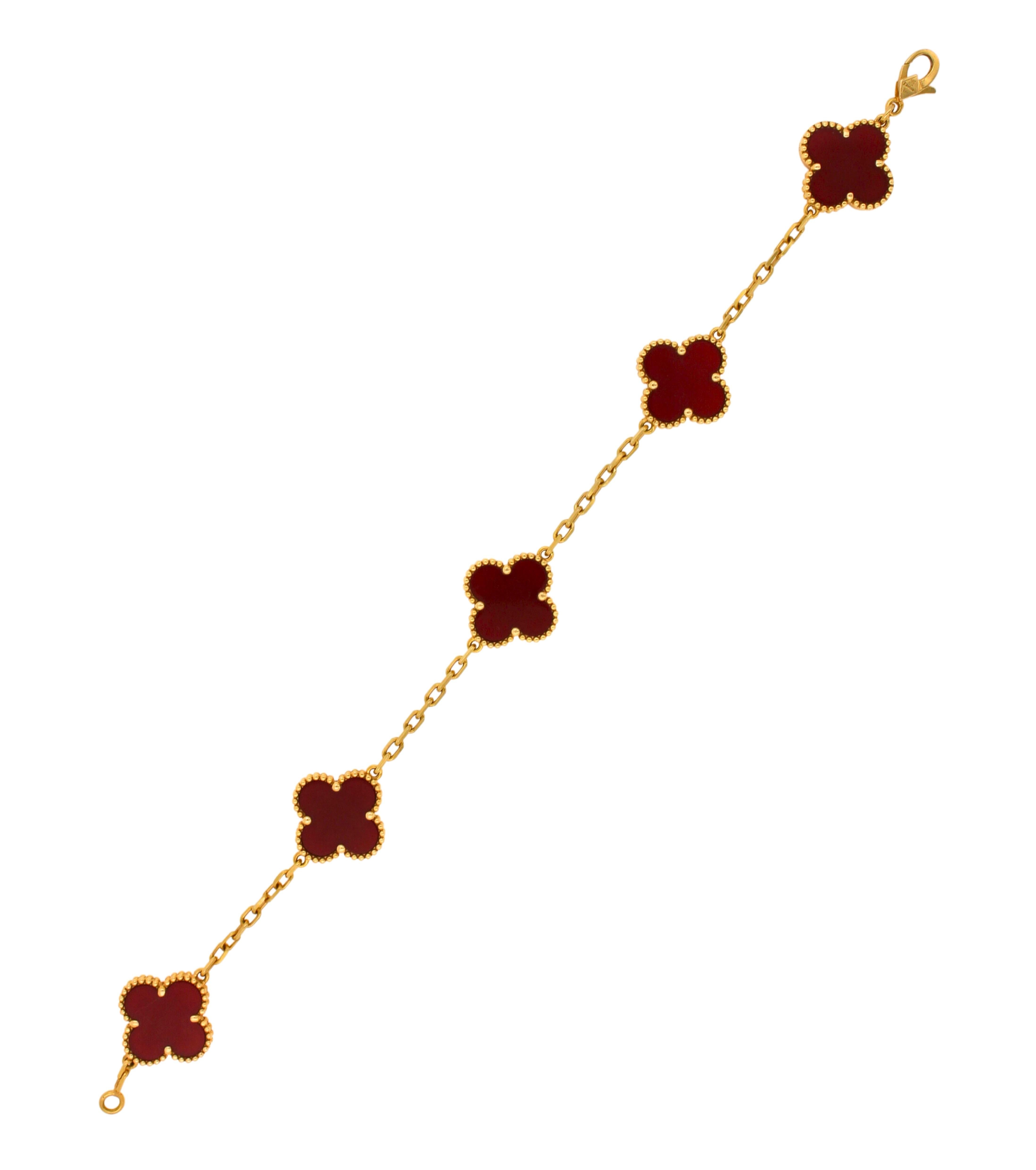 Van Cleef & Arpels Vintage Alhambra Red Carnelian 5 Motifs Yellow Gold Bracelet 5